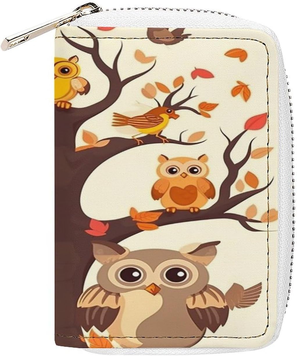 Leather Card Organizer Case Card Wallet Credit Card Holder Cartoon Owl on Tree Printed Zipper Card Cases Holder for Women Men