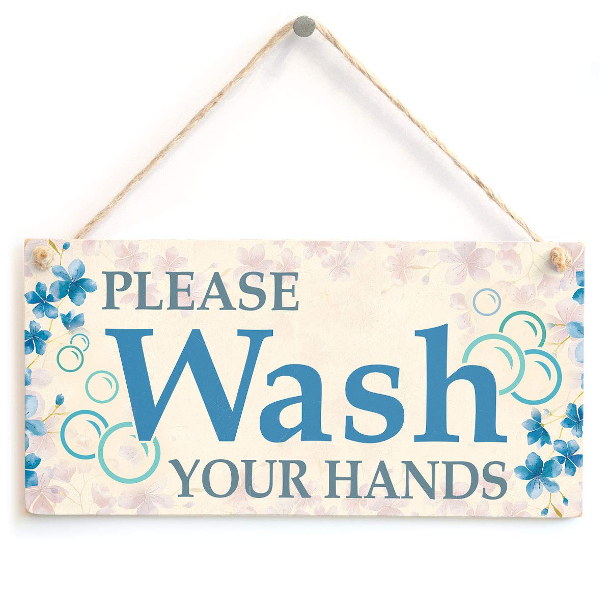 Please Wash Your Hands Sign - Blue Flower Bathroom Plaque