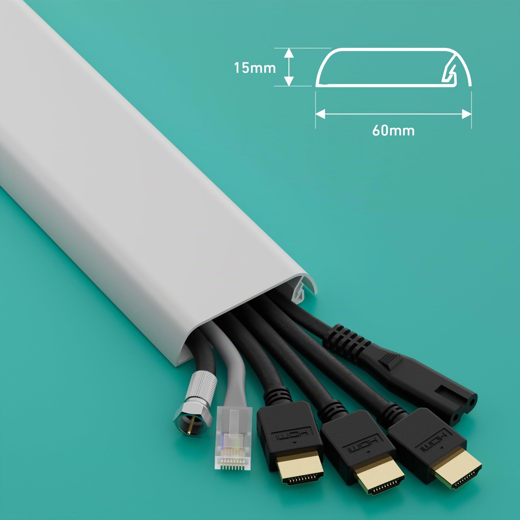D-Line Cubrecables para TV, Oculta Cables en la Pared, Canaleta Autoadhesiva para Cables, Diseño Discreto de Perfil Bajo – 60 mm (An) x 15 mm (Al) x 40 cm – Blanco