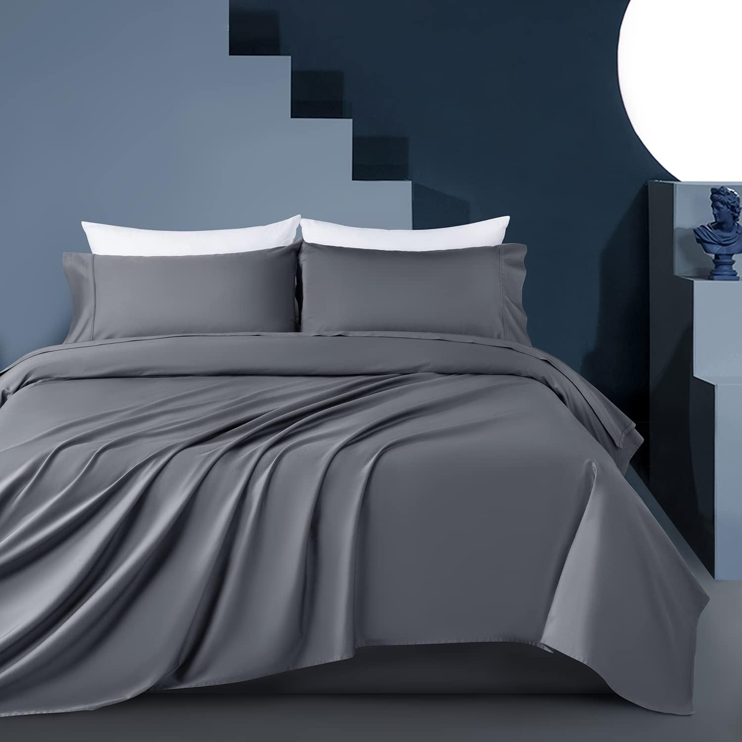 Shilucheng 100% Eucalyptus Sheets Queen Size, Lyocell Sheets Silk Cooling Bed Sheets Set,Silky Soft & Smooth, Breathable Tencel Queen Sheets Deep Pocket - 4PC, Dark Grey