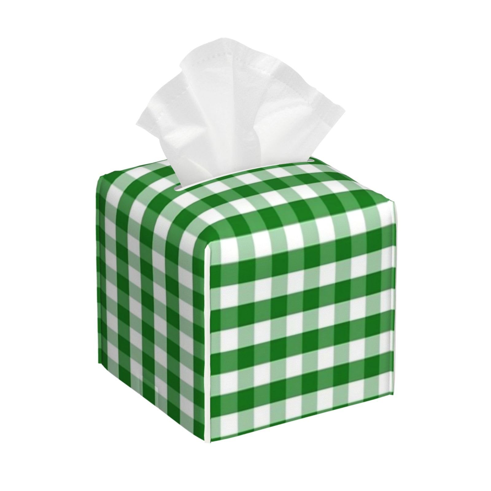 Christmas Green Gingham Check Plaid Tissue Box Cover 5" Square Leather Tissue Holder Facial Tissue Case for Tabletop Bedroom Bathroom Desk Decor