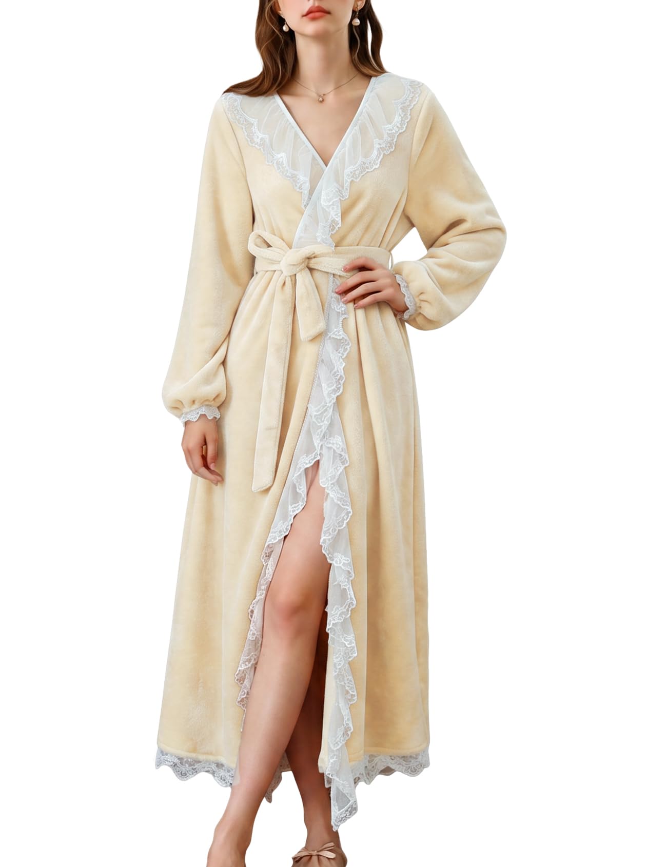 Yimoon Womens Fluffy Robe Lace Ruffle Plush Long Bathrobes