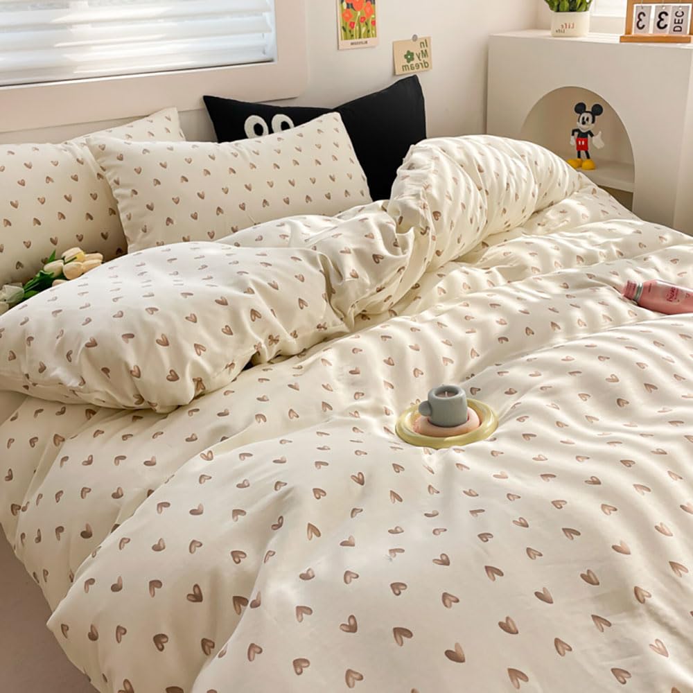 Nyescasa Heart Duvet Cover Sets King Beige Brown Love Hearts Cute Kawaii Super Soft Microfibre Bedding Set 3pcs for Kids Girls Women Aesthetic Quilt Cover 220x230 cm and 2 Pillowcases 50x75 cm — image 1