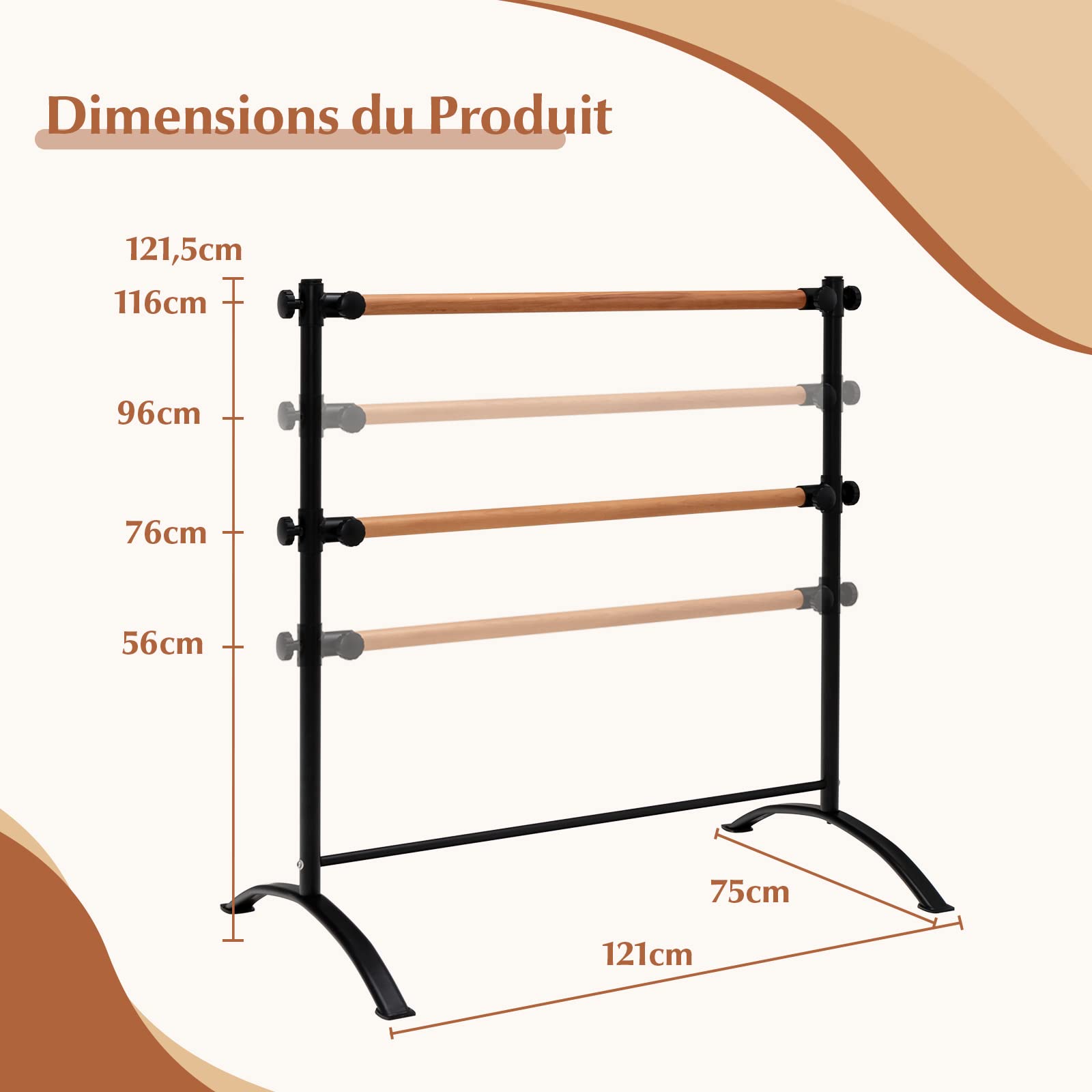 COSTWAY Barre de Danse Classique Double Autoportante pour Enfants Adultes, Barre de Ballet sur Pied 120 cm Hauteur Réglable Ø 38 mm en Bois de Hêtre Pose Libre pour Yoga, Exercice