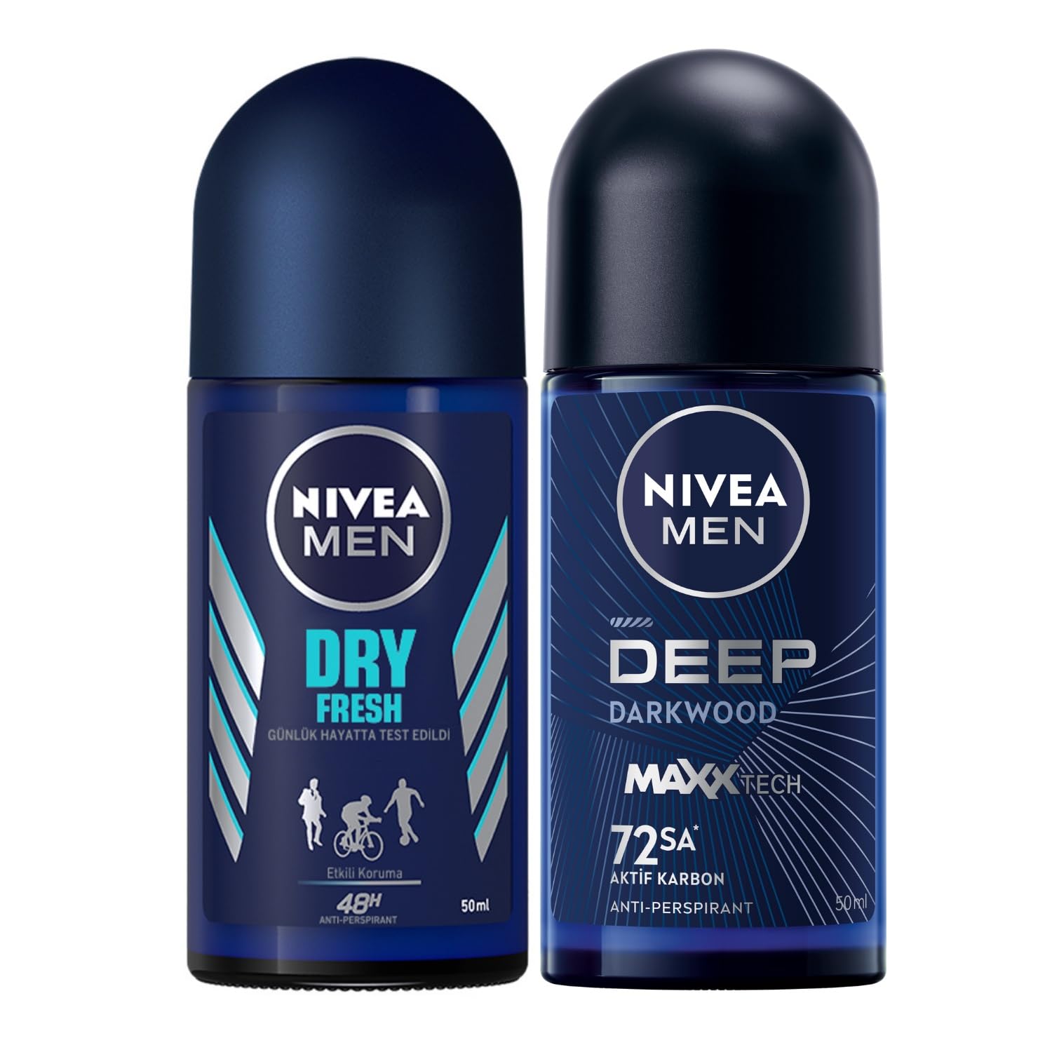 NIVEA Men Erkek Roll On Deodorant Dry Fresh 72 Saat Anti-Perspirant Koruma, Ekstra Kuruluk, 50 ml ve NIVEA Men Erkek Roll On Deodorant Deep Dimension 72 Saat Anti-Perspirant Koruma (50 ml)