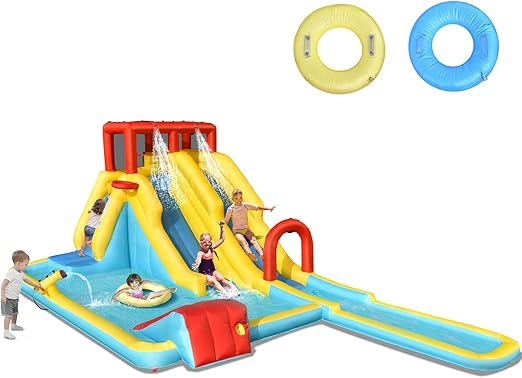 HONEY JOY Inflatable Water Slide, Double Slide Giant Water Park Bounce House w/Climbing, Splash Pool, Blow Up Water Slides Inflatables for Kids and Adults Outdoor Backyard(Without Blower)
