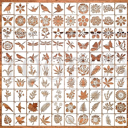 OOTSR Lot de 100 pochoirs réutilisables de 5 cm pour travaux manuels, fleurs de printemps, plantes, feuilles, papillons, oiseaux, peinture, pochoirs à faire...