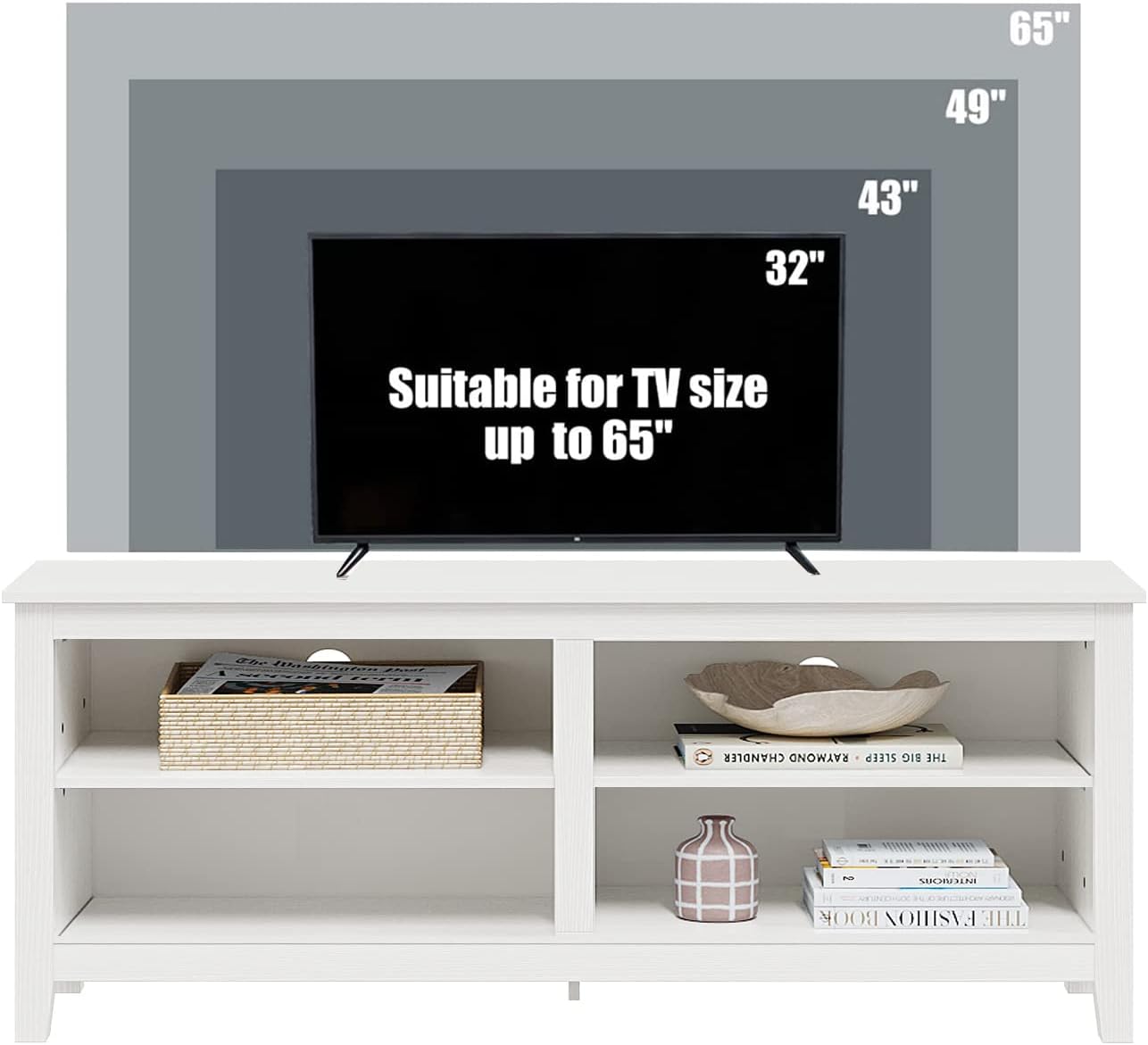 Modern TV Stand for 65 inch TV, White Wood TV Cabinet with 4 Open Storage Shelves, Fits 50-65 Inch TVs, 55 Inches W x 15 Inches D x 22.8 Inches H - Image 3