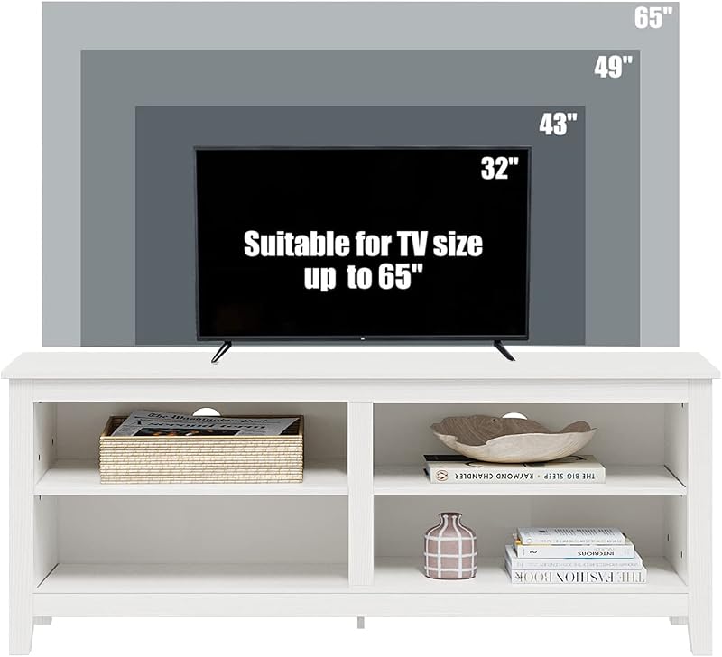 Gyger Modern TV Stand for 65 inch TV, White Wood TV Cabinet with 4 Open Storage Shelves, Fits 50-65 Inch TVs, 55 Inches W x 15 Inches D x 22.8 Inches H image 3