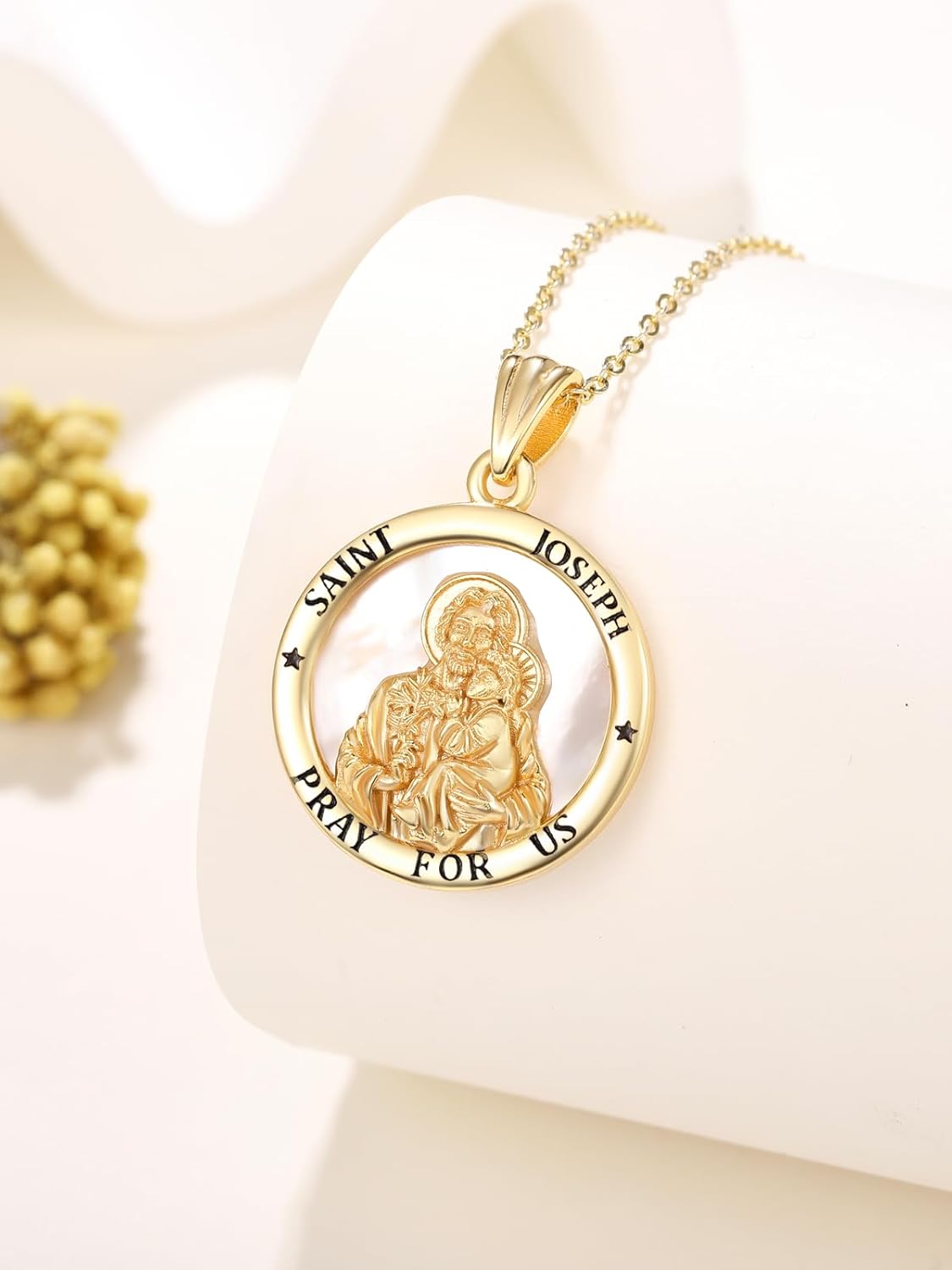 TANGPOET Round Saint Medal Pendant Necklace for Women 925 Sterling Silver 14K Gold Mother of Pearl Catholic Religious Christian Jewelry Gifts for Birthday Christmas Baptism