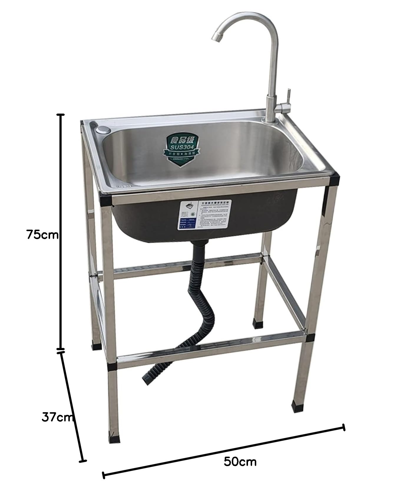 Evier utilitaire acier inox pour l'extérieur, bassin plonge cuisine sur pied avec robinet, station lavage main commerciale seul bol avec kit d'évier égouttoir, pour buanderie/le jardin/garage (Size