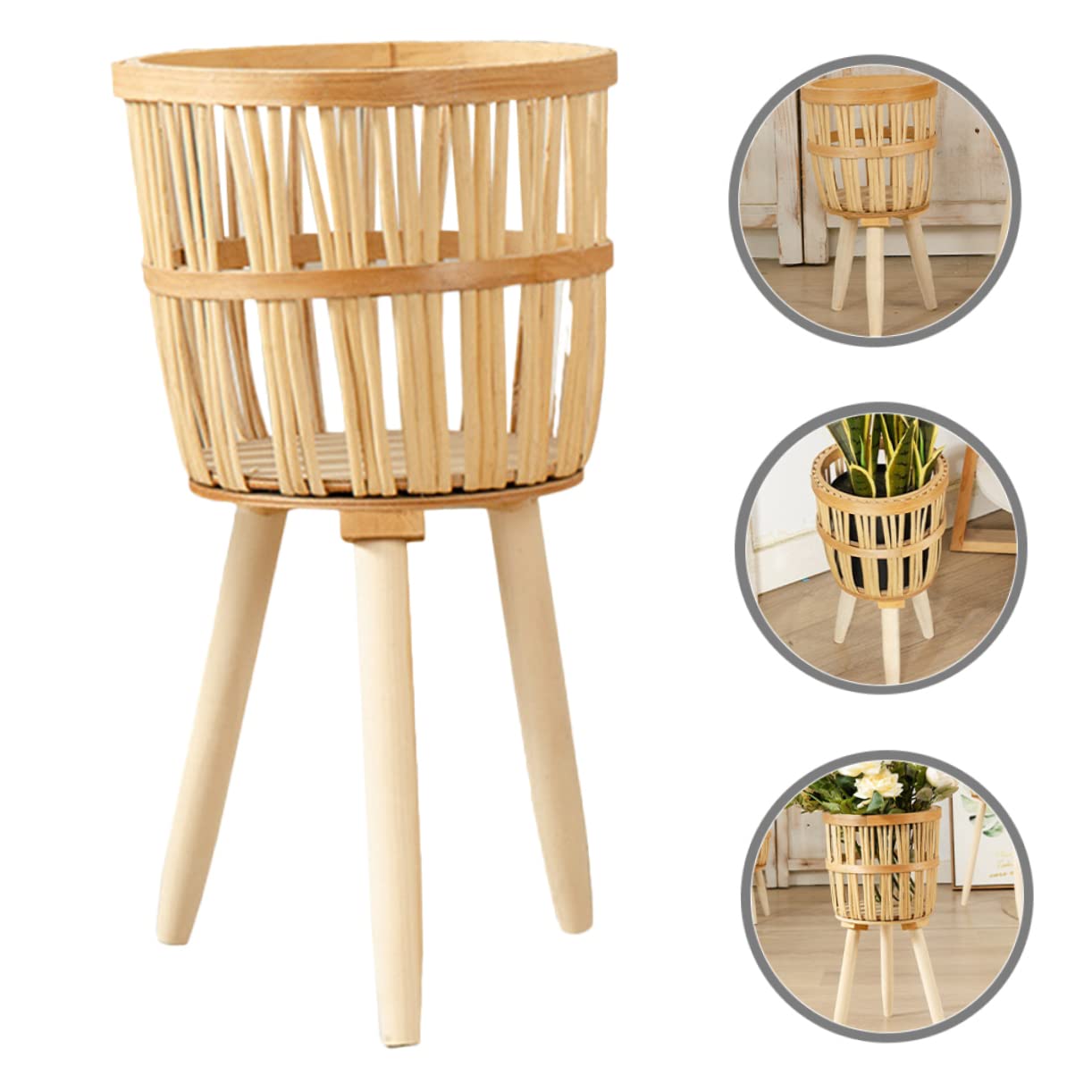 BESTonZON Pot de Fleurs en Bambou Tissé Fait Main, Support de Pot de Fleurs Rustique en Bois, Cache-Pot pour Intérieur et Jardin, Décoration Naturelle Solide