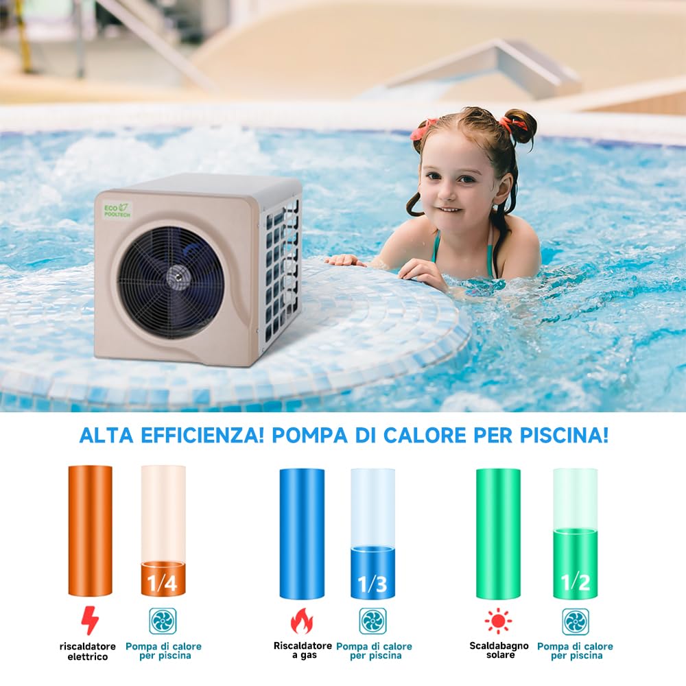 ECOPOOLTECH - Pompa di Calore Piscina Fuori Terra Fino a 40 m3, Riscaldatore Piscina Gonfiabile Pompa di Calore Piscina (Marrone-Max 5,4KW)