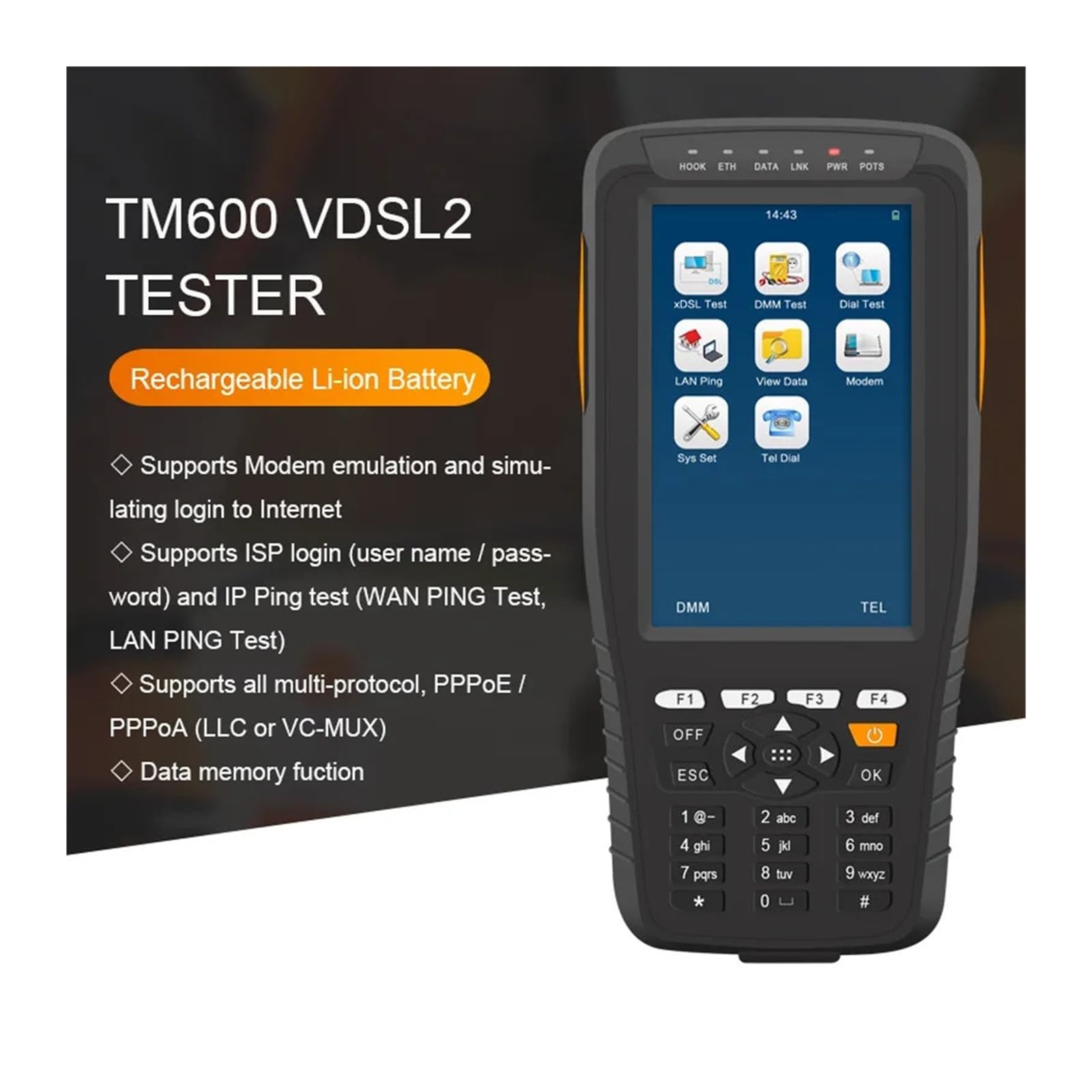 Cyfrowy tester ADSL2+ ADSL TM-600 Ręczny lokalizator uszkodzeń wizualnych z funkcją testu multimetru Wysoka czułość, niski błąd(TM-600OV VDSL)