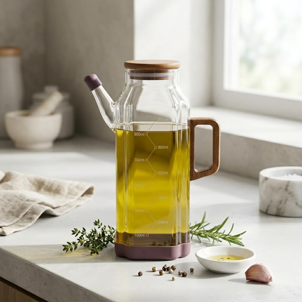 Deconox Akasya Ahşap Detaylı Borosilikat Cam Yağlık ve Sirkelik 1000 ml - Şık, Ölçülü ve Damlatmaz Mutfak Gereci