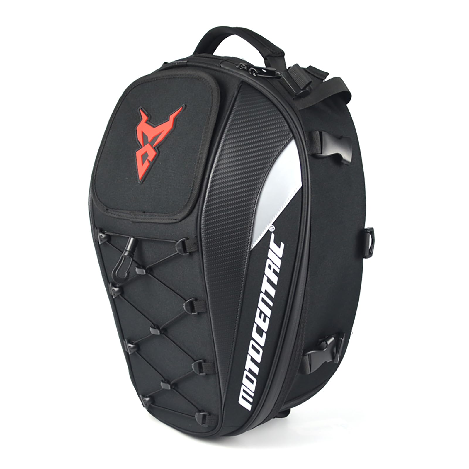 MOTOCENTRIC Motorrad Hecktasche Erweiterbar 25L-38L, Motorradrucksack mit Regenhaube, Wasserdichte Soziustasche Carbon-Optik für Touren & Alltag