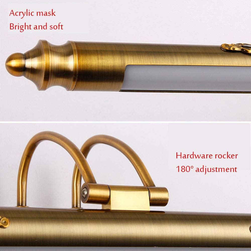 ZH-VBC Fari Specchio Bronzo Nordico Moderno Ottone Applique da Bagno Lampada, Stile Europeo Vintage LED Lampada da Specchio, Metallo Montaggio a Parete Luce per Trucco,warmlight-90cm