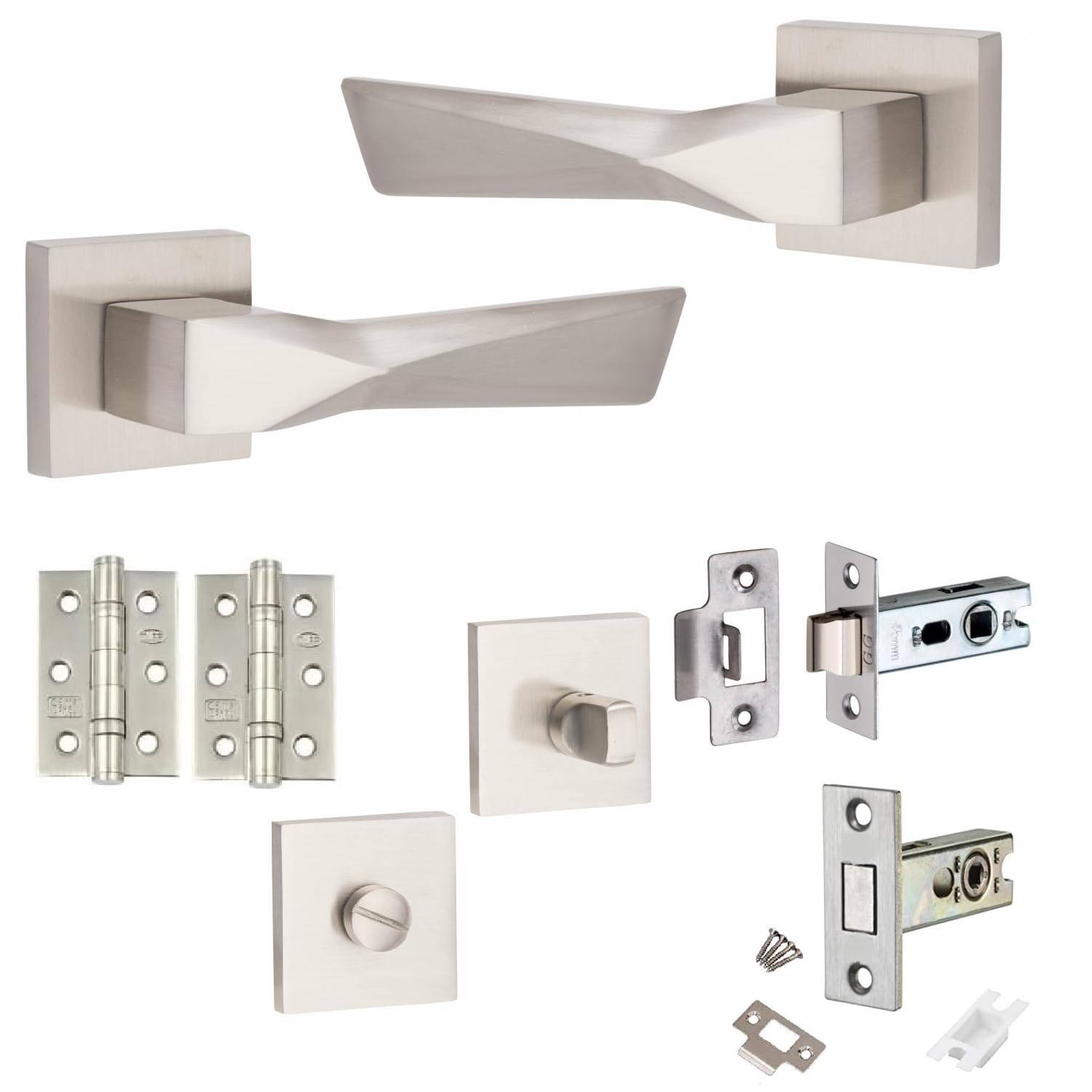 Golden Grace 1 Pair Modern Aura Design Satin Nickel Premium Bathroom Door Handles Square Rose Dead Bolt Ball Latch Hinges Thumbturn