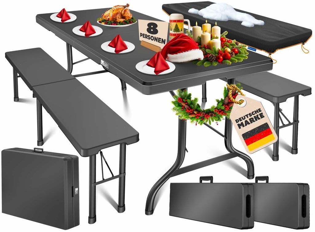 KESSER® Bierzeltgarnitur 3-teilig Set Tisch & 2X Bank | Buffettisch für drinnen & draußen Gartengarnitur klappbar 183x76x74cm Kunststoff Klapptisch Gartentisch Inkl Abdeckung & Tragegriffe