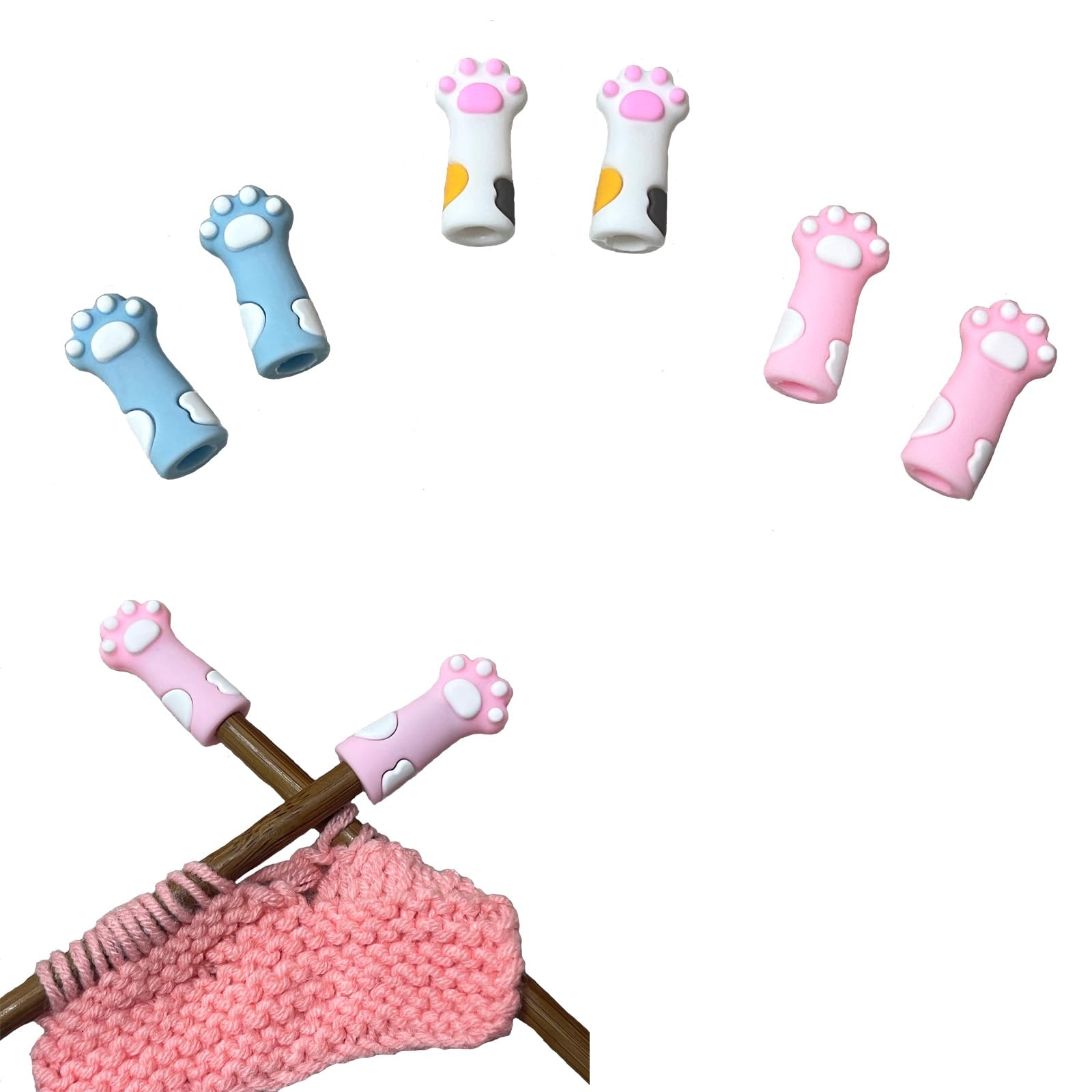 SPANSEE 6 PCS Cat Paw Knitting Stitch Stoppers, Needle Minder, Knitting Needle Point Protectors, Needle Stopper, Knitting Supplies fit Size 11-17 (8mm-12.75mm) Needles