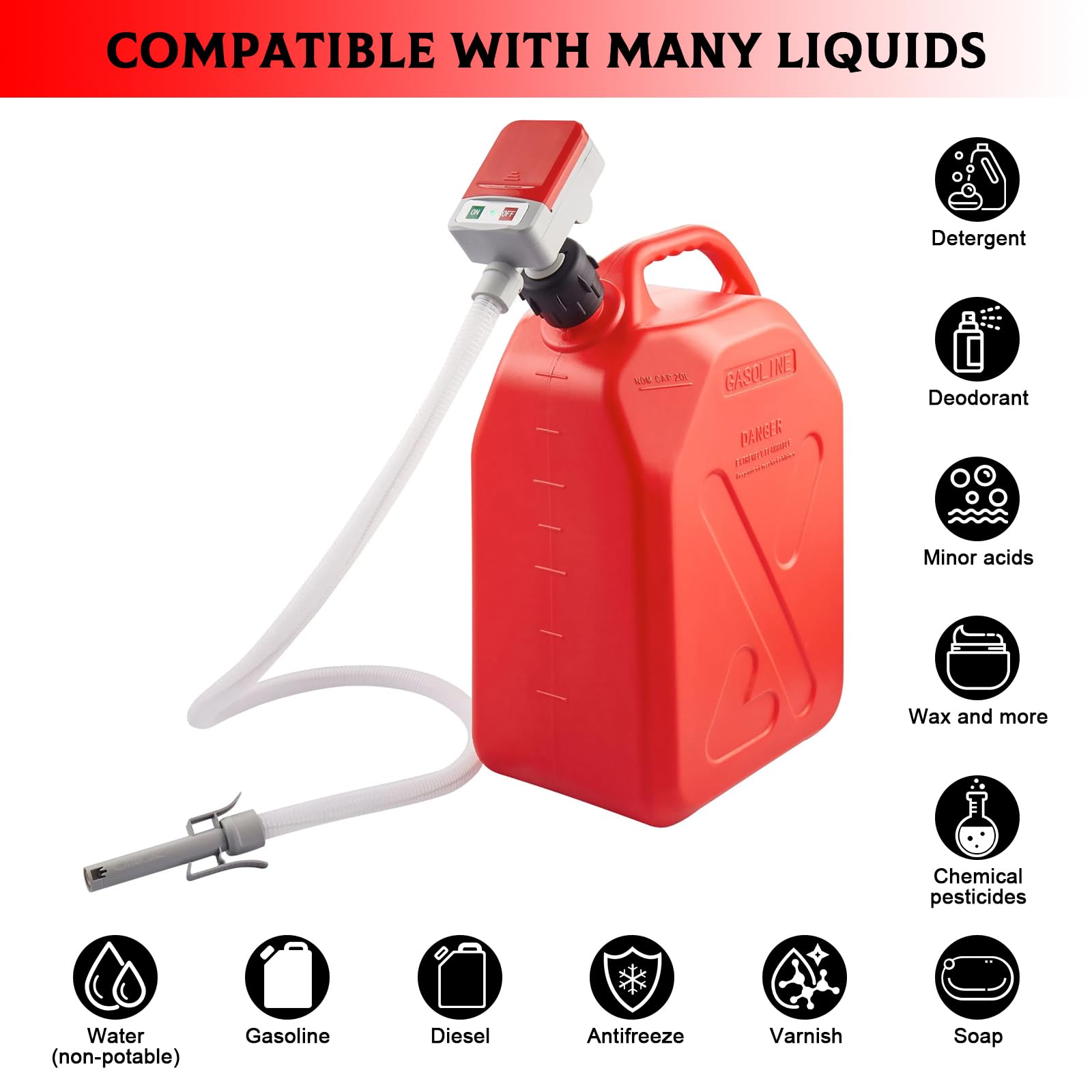 Pompa di Trasferimento del Carburante 12V con Sensore di Arresto Automatico(2,4GPM), Pompa Travaso a Batteria Gasolio Elettrica, Pompa Travaso Liquidi con 1,8M Tubo e Adattatore di 4 Dimensioni