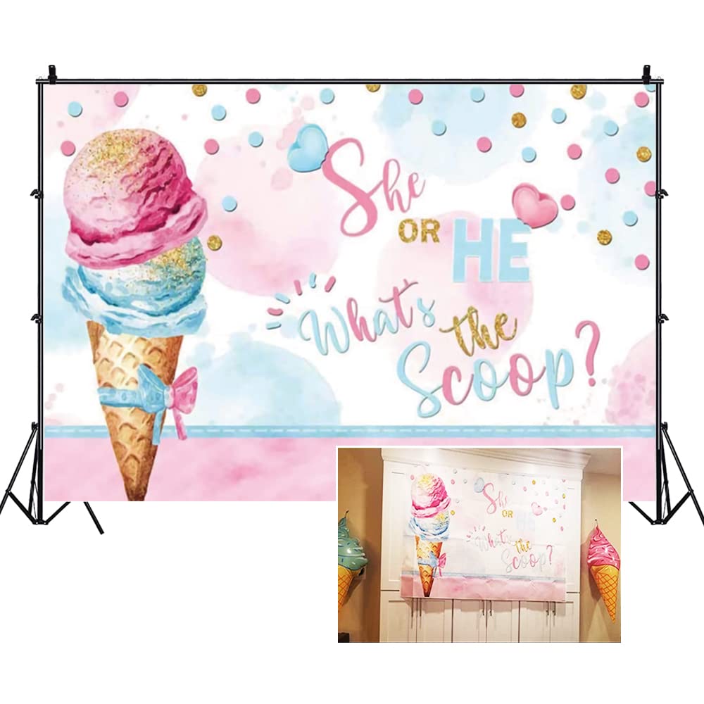 Haoyiyi 6x4ft Ice Cream Gender Reveal Backdrop He Or She What is The Scoop Baby Shower Party Photography Bow Pink and Blue Background Photo Banner Decoration Supplies Selfie Photobooth Decorations