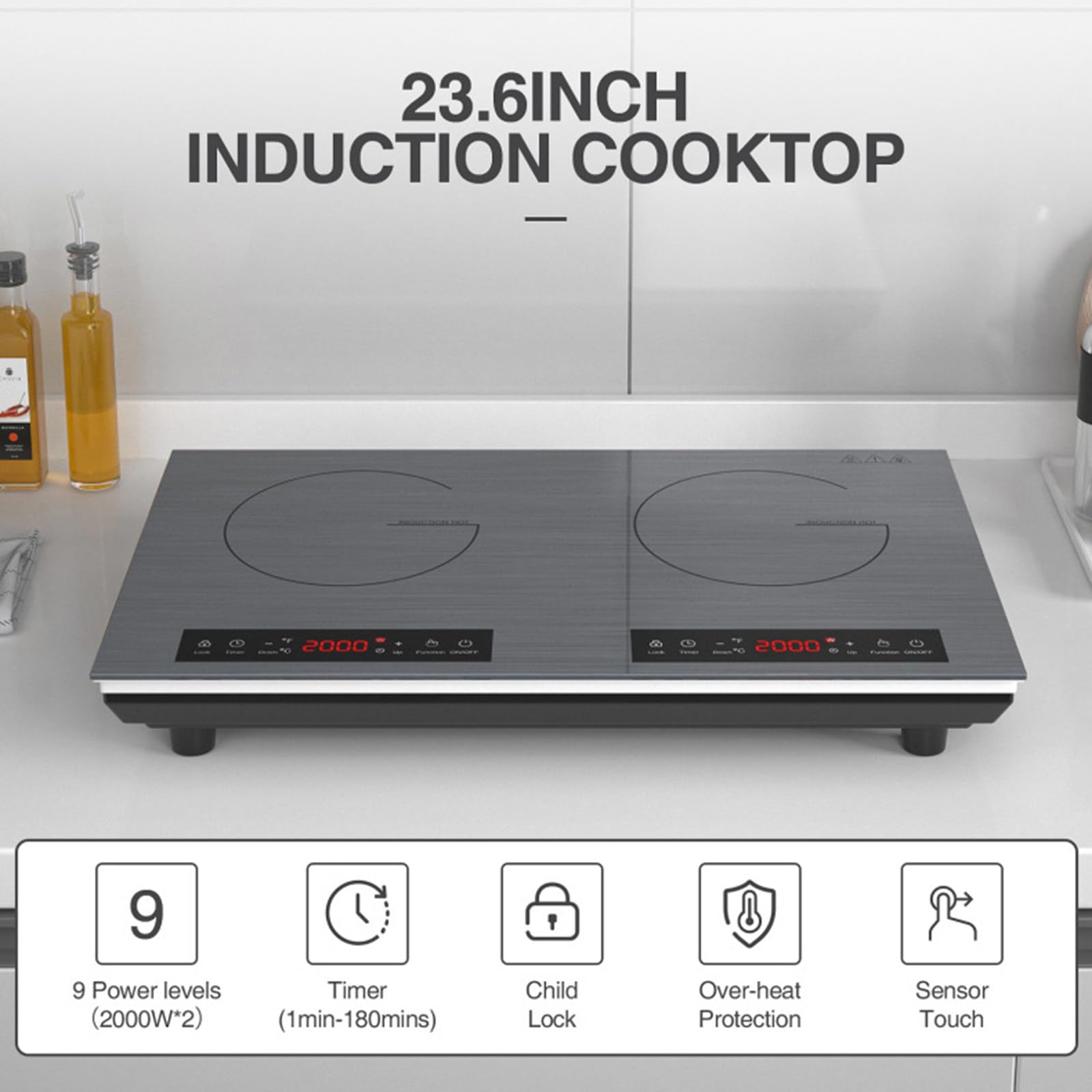Piano Cottura A Induzione Doppio Cucina Elettrica Da 24 Pollici 2 Fuochi, Touch Screen A LED Sul Piano Cottura A Induzione, Blocco Di Sicurezza, Piastra Di Riscaldamento A Induzione Portatile