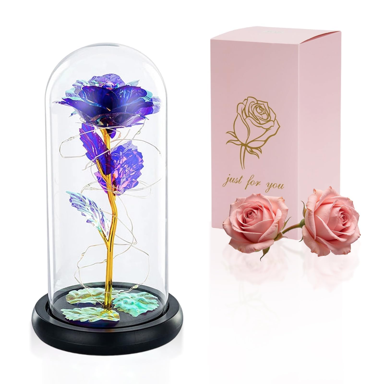 Glasseam La Bella Y La Bestia Rose En Cúpula De Cristal Luces LED Crystal Rose Flowers Regalo para Cumpleaños Aniversario San Valentín Boda Novia Esposa Mujeres