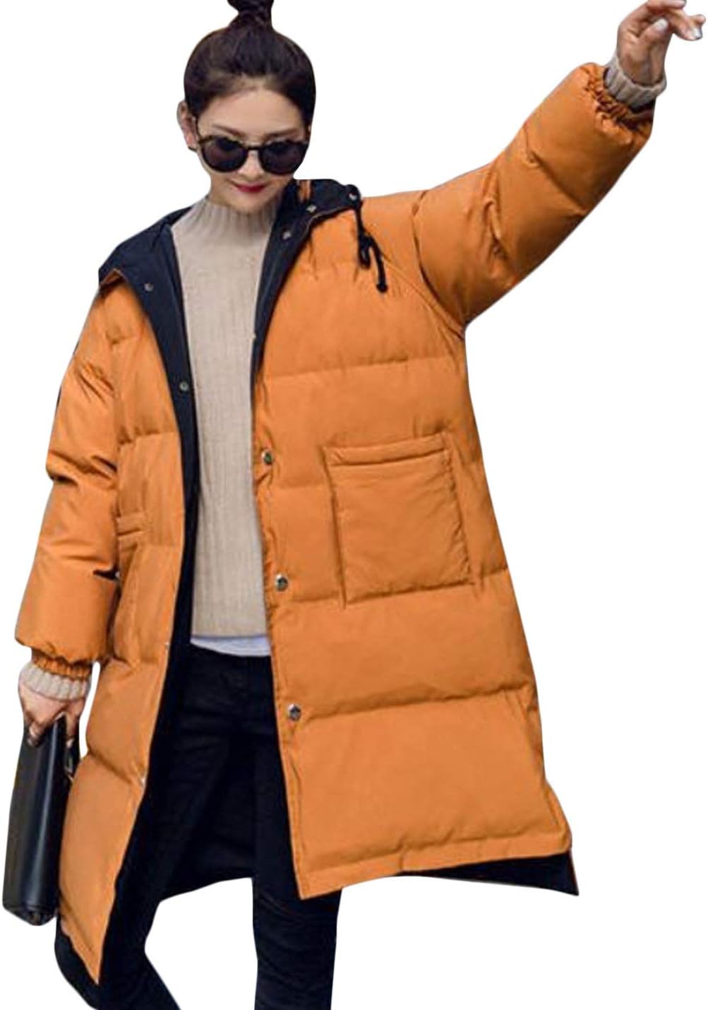 Flygo Womens Winter Casual Mid-Long Quilted Puffer Down Coats Thicken Warm Outerwear Jackets
