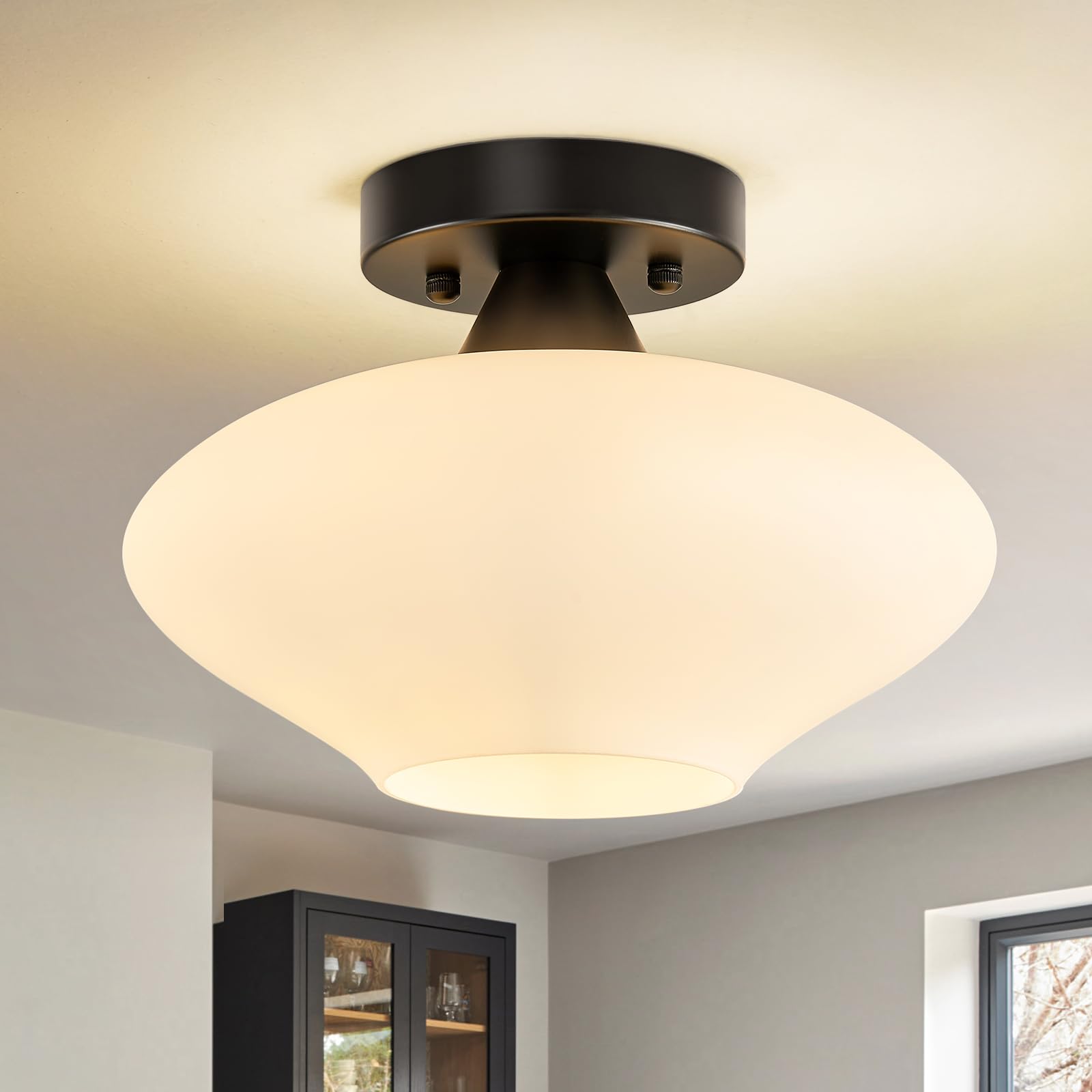27cm Moderne Schwarz Metall Deckenlampe, Milchweißer Glasschirm