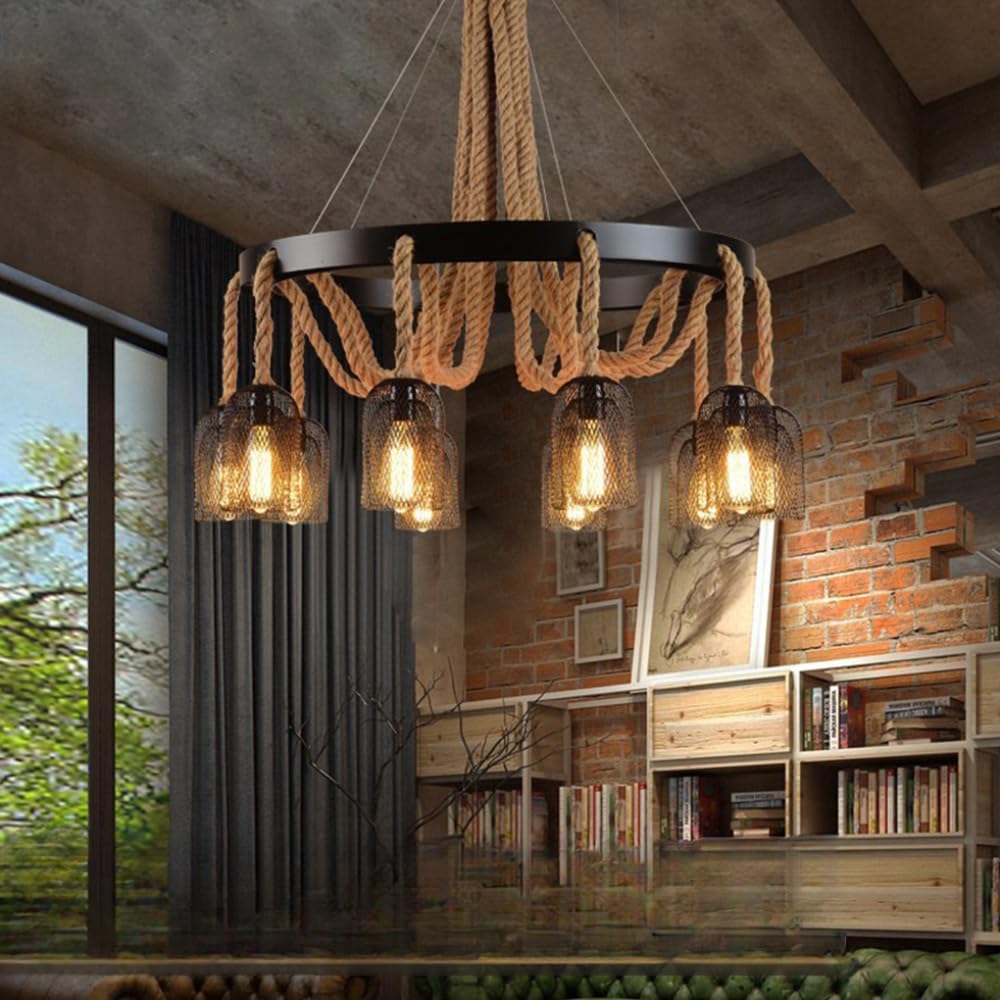 HXYSXHJUO American Style Retrohemp Rope Chandelier Light Nostalgic Loft Industrial Internet Cafe Restaurant Hot Pot Shop Pendant Lamp (A 10 Lights 1pcs)