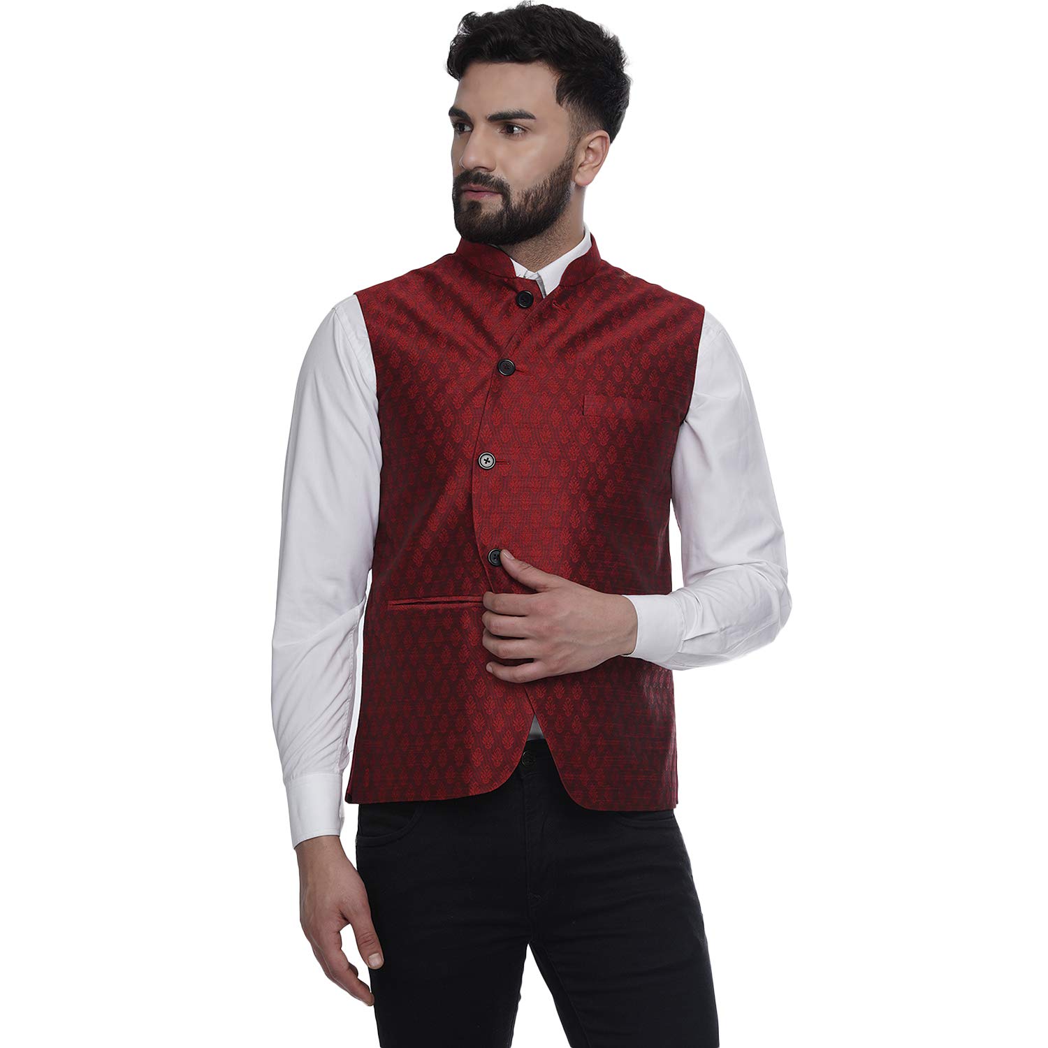ghanshee Maroon Jacquard Printed Silk Nehru Jacket (maroon)-picture-49