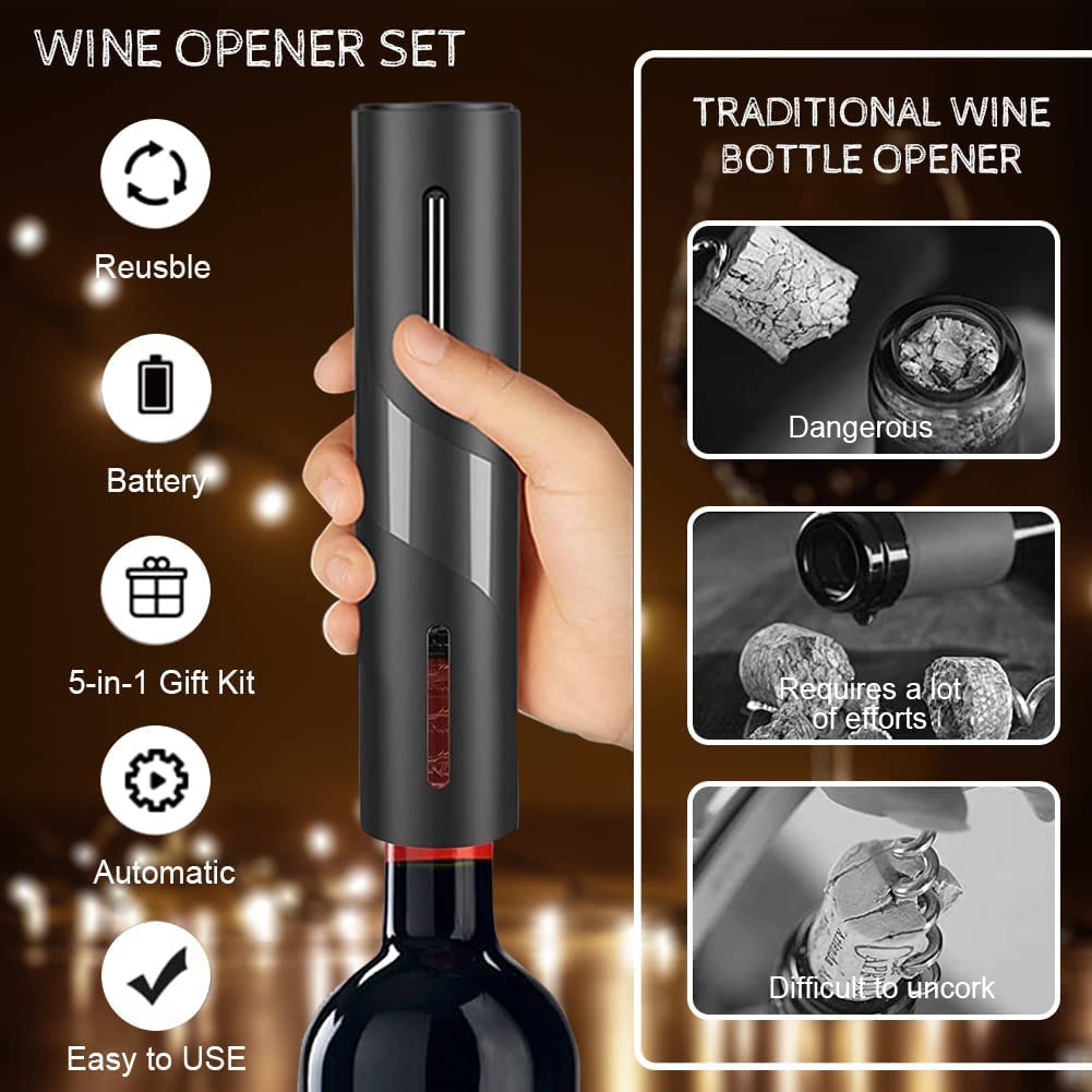 Sacacorchos Eléctrico, USB Recargable Abridor de Vino Automatico Profesional 5 en 1con Cortacapsulas Botella, Vertedor de Vino, Tapón de Vino de Vacío