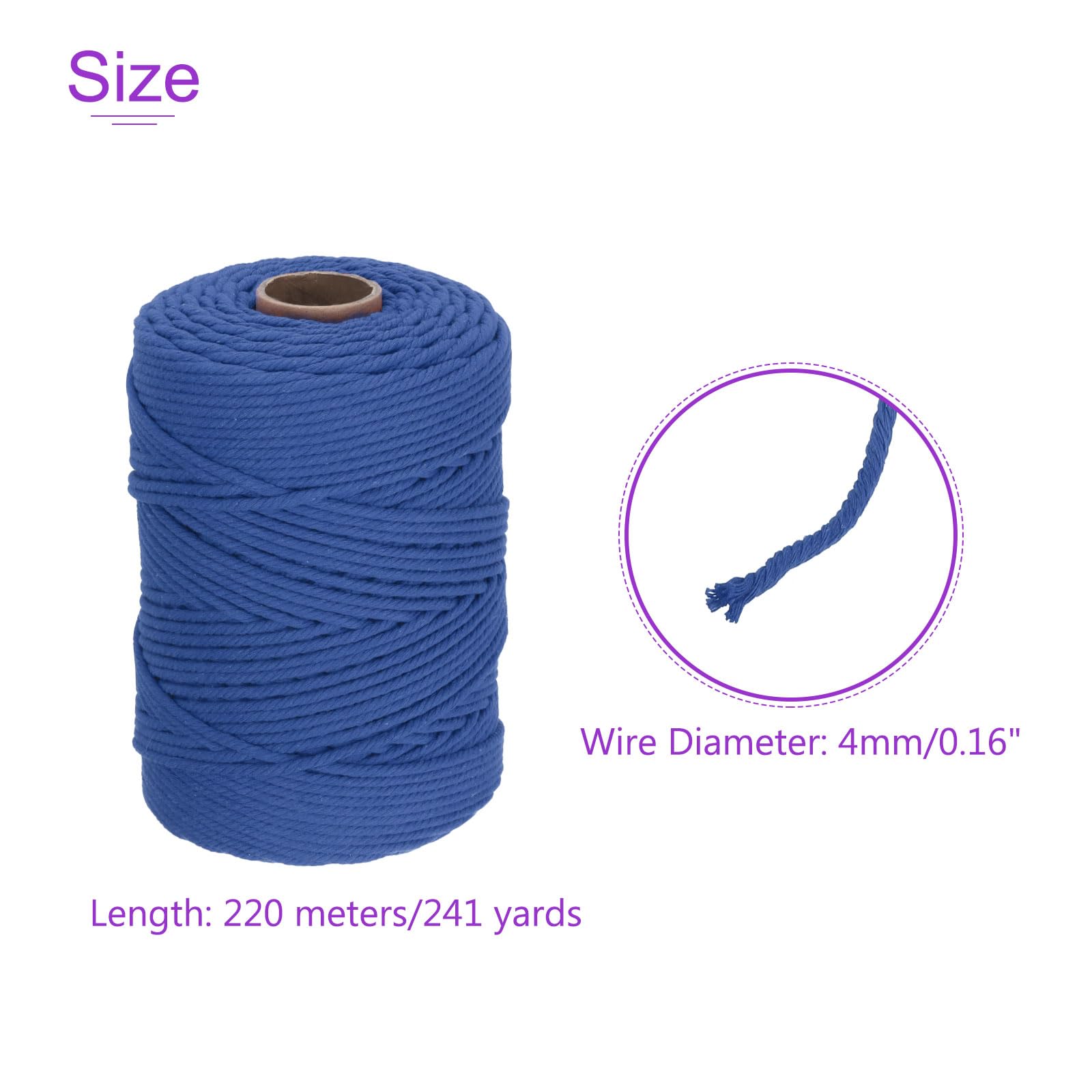 DMiotech 4mm x 220M (241 Yard) Deep Blue Natural Cotton Macrame Rope - Image 4