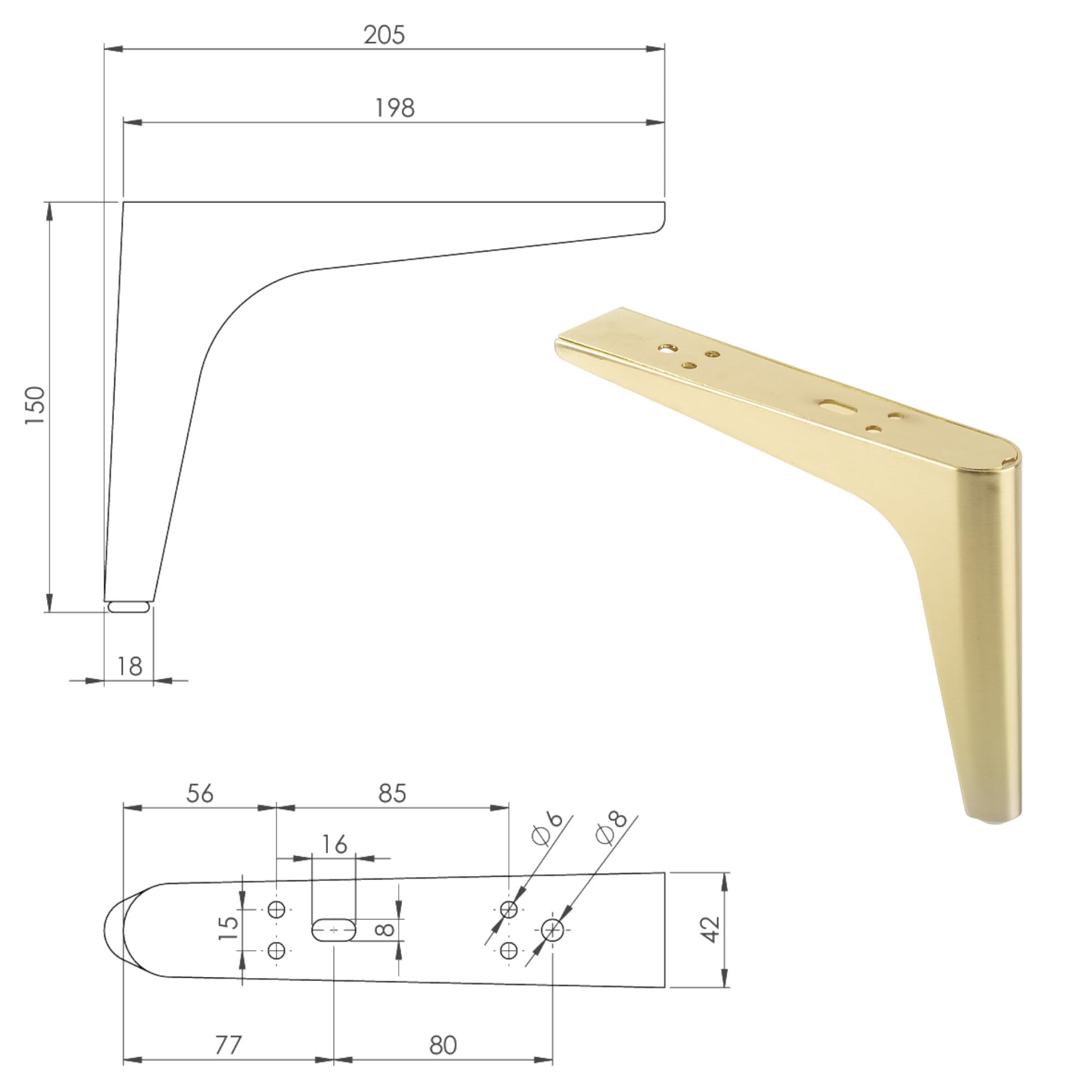 cyclingcolors 4X Patas Pies para Muebles Altura 150 mm Metal Soporte Universal sofá Armario Cocina baño Oro Cepillado