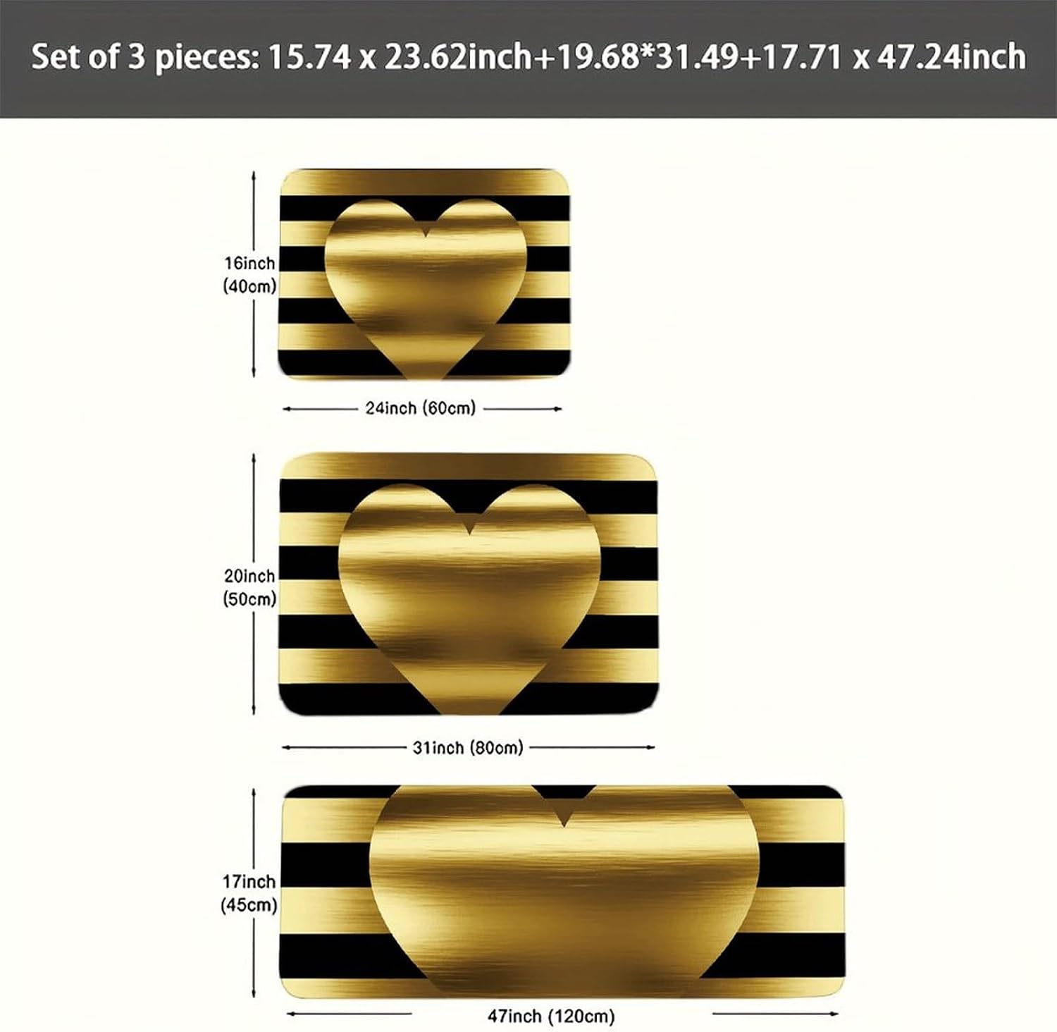 Gold Heart Stripe Kitchen Mats for Floor 3 Pcs Kitchen Rugs