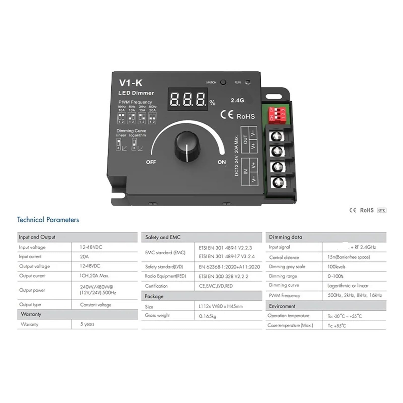 V1-K LED Strip Dimmer 12-48V DC - 20A Adjustable Touch Remote Control with 2.4G Frequency for Smooth Dimming(V1-K and R11)