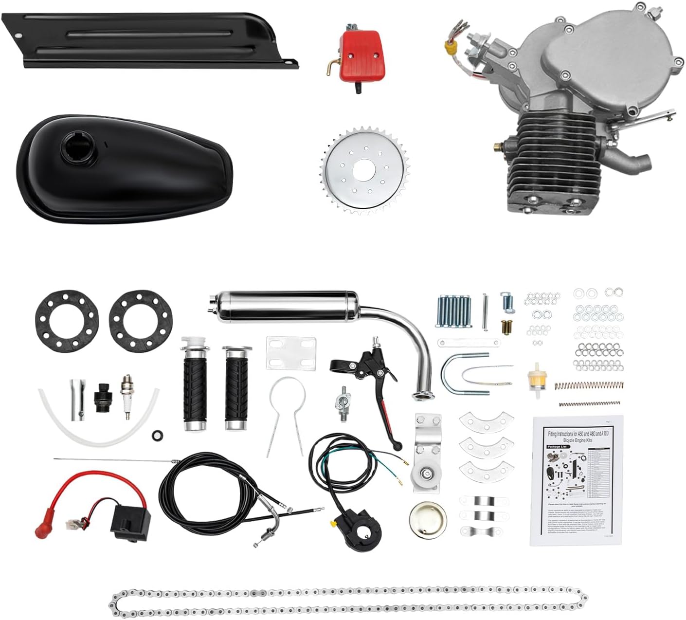 100cc Bicycle Engine Motor Kit, 2 Stroke Motorized Bike Engine Kit Gas Motorized Gasoline Engine Motor Petrol Oil Bicycle Motor Refit Kit for 26" 28" Bike