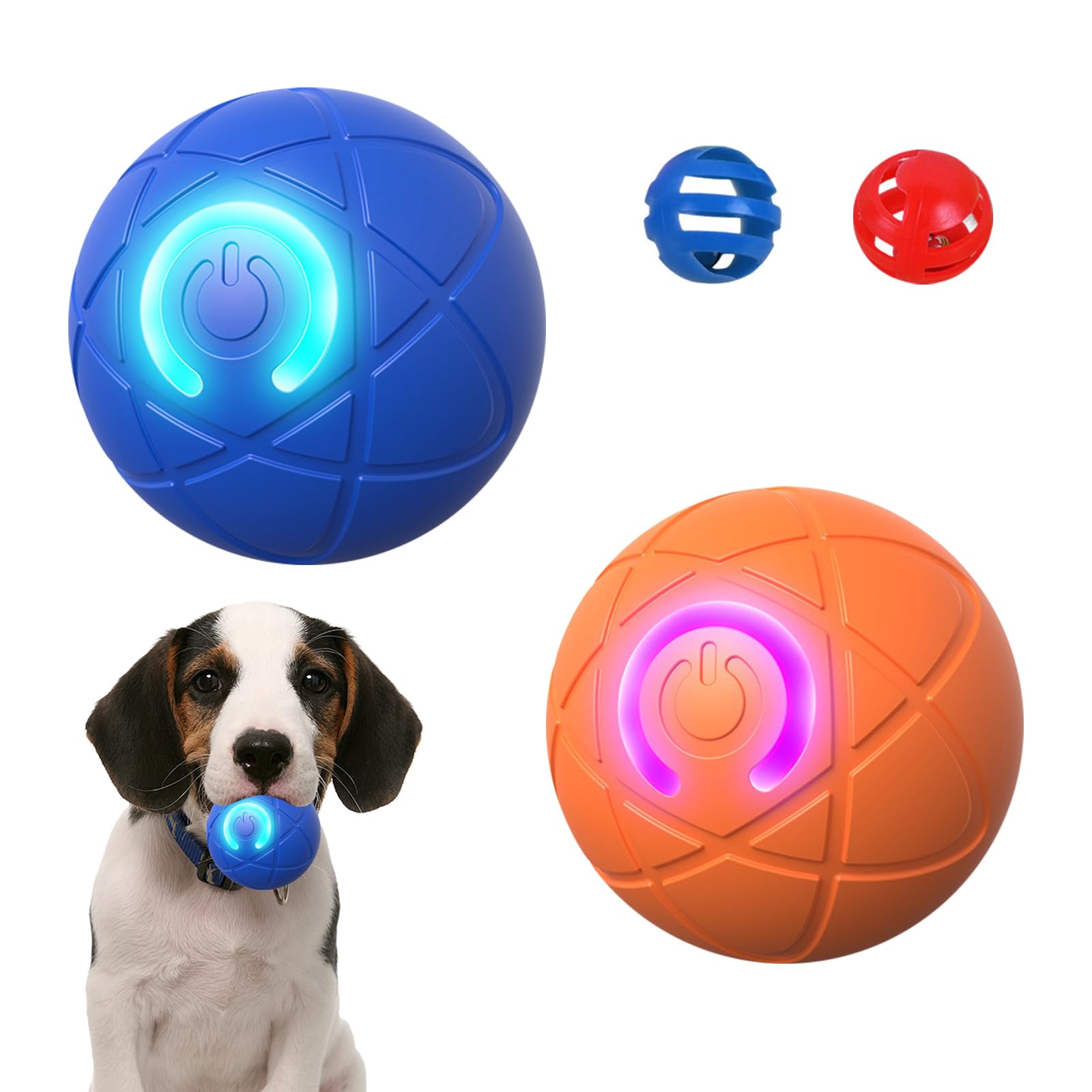 Kighdel 2pcs Bouncing Ball For Dogs,Interactive Dog Toys With Led Flash Light,Dog Treat Ball,Vibrating Dog Ball,Suitable for Small,Medium and Large Dogs,with 2 Hollow Bell Balls(Blue + Orange)