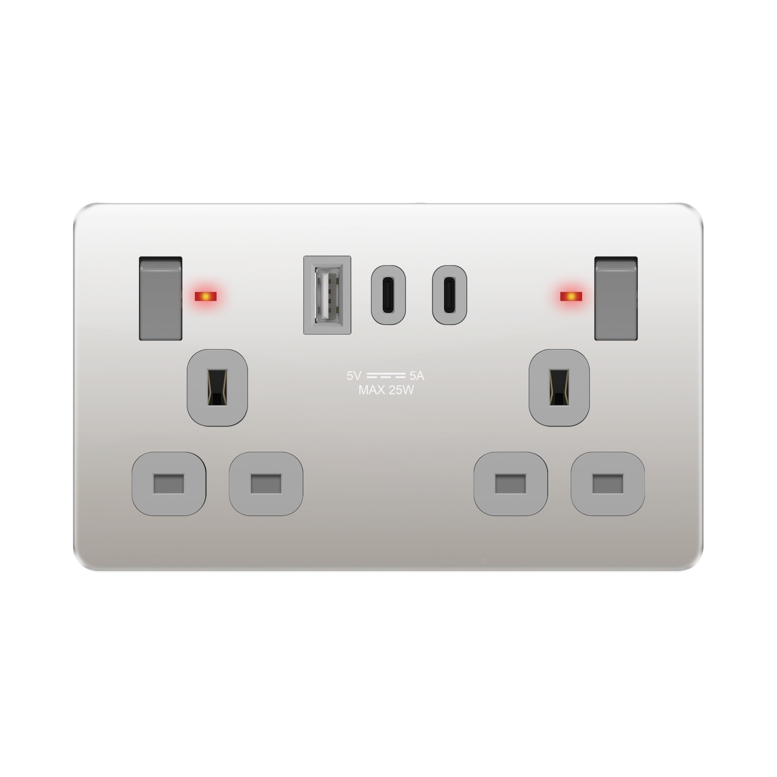 LIDER 2-Gang Switched 13A Socket with USB TYPE C & A Ports, Stainless Steel, LED Indicator, Always-On USB Ports, 25W Combined Output, UKCA Certified, Polished Chrome(Use a 35mm-deep back box) — image 1