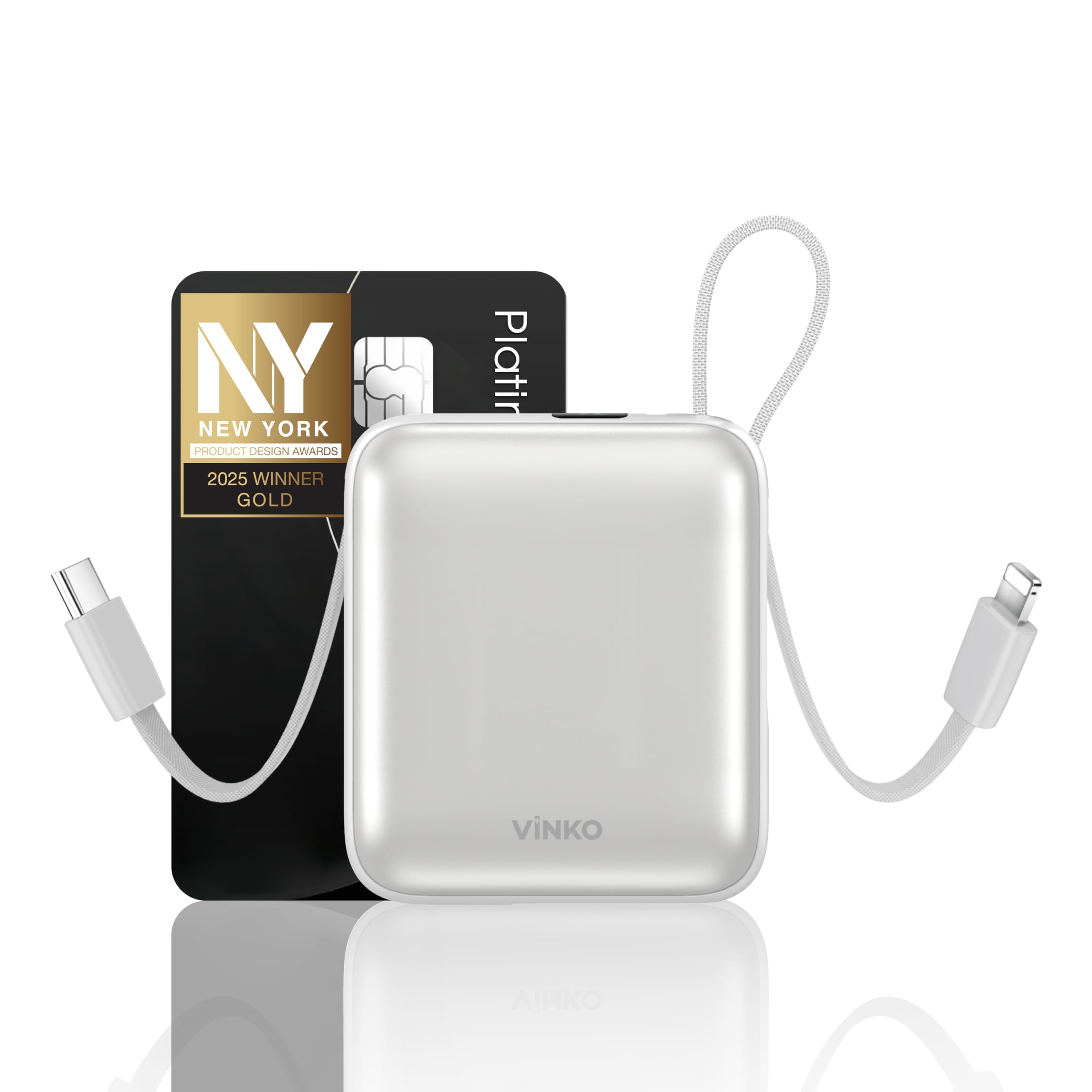 VINKO Portable Charger Power Bank, 10000mAh Travel Essentials Battery Pack, 22.5W Fast Charging USB C Charging Bank Built-in Cables Cords Wires Compatible with iPhone,Samsung,Android(White)