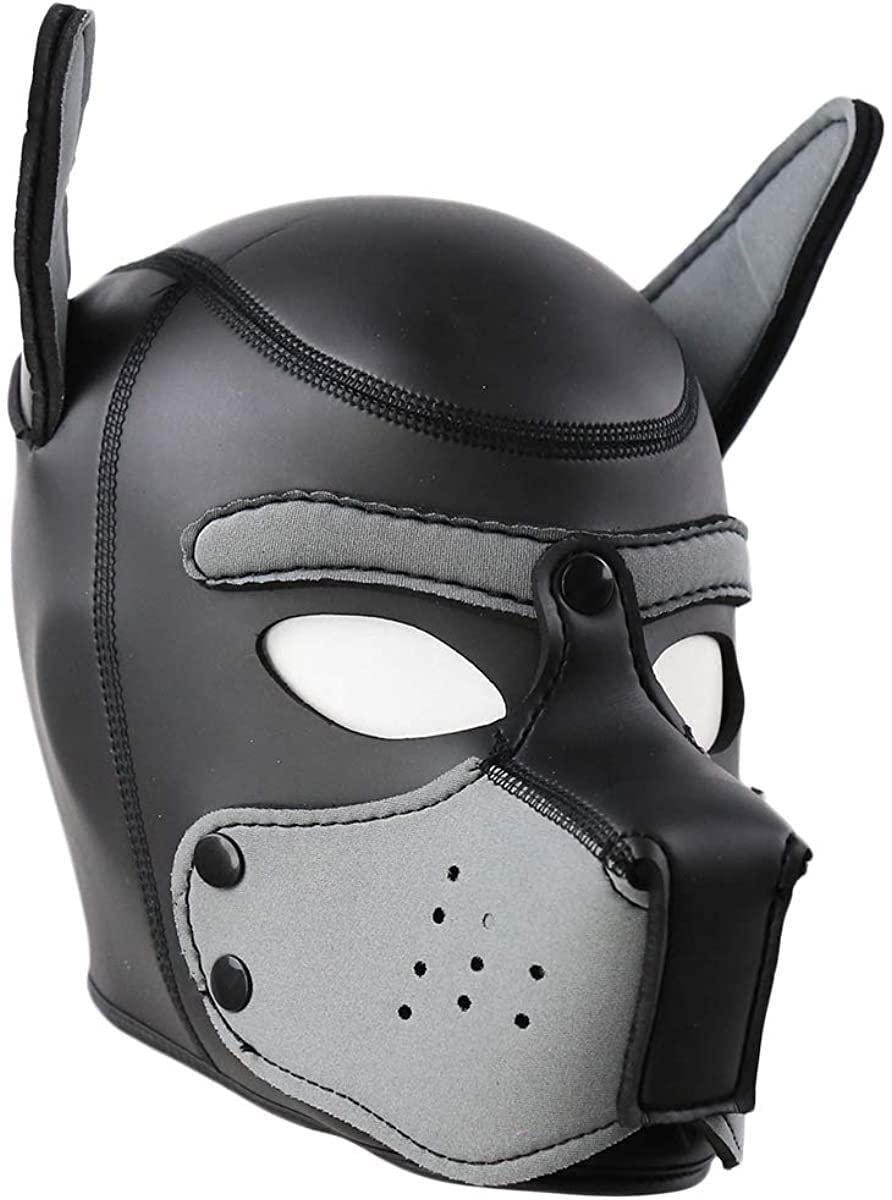 OTEXIFIF Neoprene Puppy Hood Mask, Removable Cosplay Dog Full Face Pup Hood Mask, Halloween Mask (Gray, XLarge)
