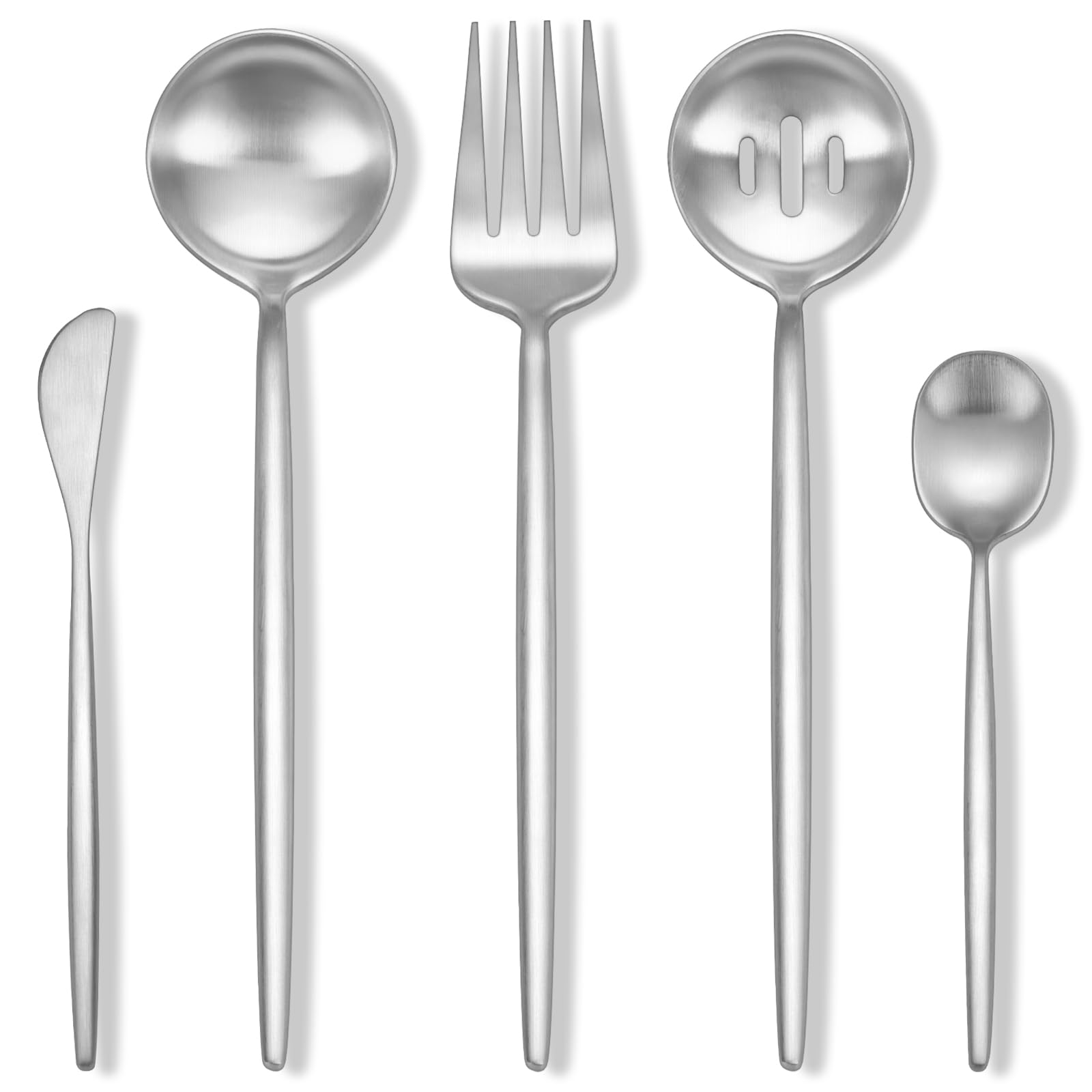 Stapava 5-Piece Matte Serving Utensils, Stainless Steel Flatware Serving Set with Large Spoons, Forks, Sugar Spoon & Butter Knife for Buffet Catering Banquet Party, Dishwasher Safe