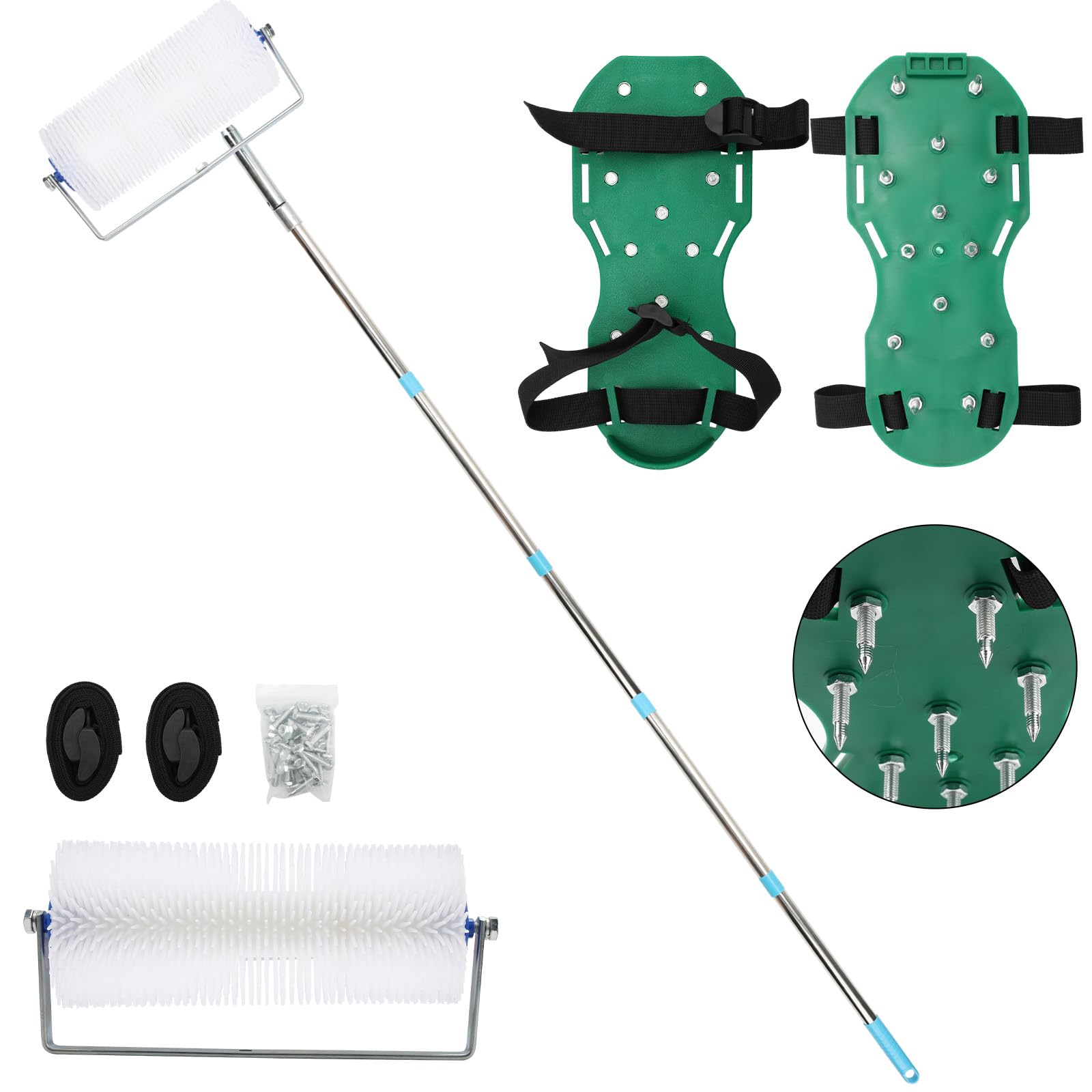 BigKing Kit d'outils pour ciment auto-nivelant, rouleau à bulles en poils en polyester de 9 in, tige télescopique de 77 in, chaussures clouées, pour composés auto-nivelants et revêtements époxy
