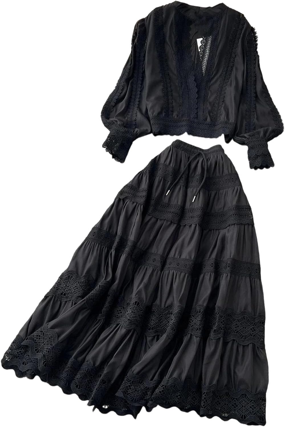 Women's V Neck Long Lantern Sleeve Single Breasted Ankle Length Hollow Out Embroidered Lace Skirt Set