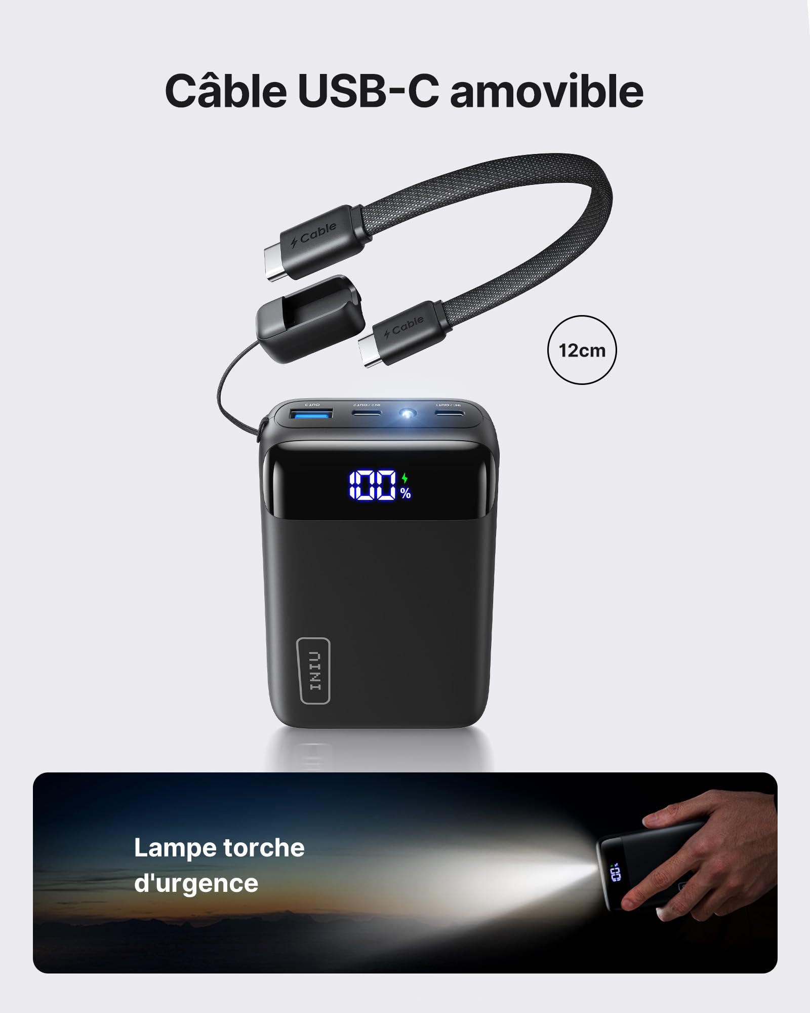 INIU Ultrapequeño 20000mAh Power Bank, 22,5W Carga Rapida Bateria Externa con Cable USB C Desmontable, Apto para Avión, Esenciales de Viaje, Bateria Portatil para iPhone 17 16 Samsung, iPad Xiaomi etc
