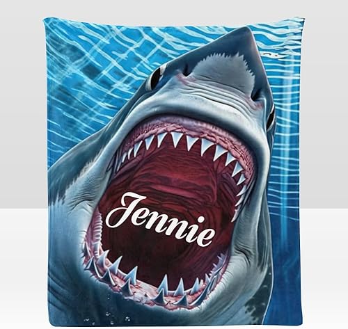 Manta personalizada con texto del nombre, manta personalizada de vellón de tiburón feroz súper suave para sofá, cama (50 x 60 pulgadas)