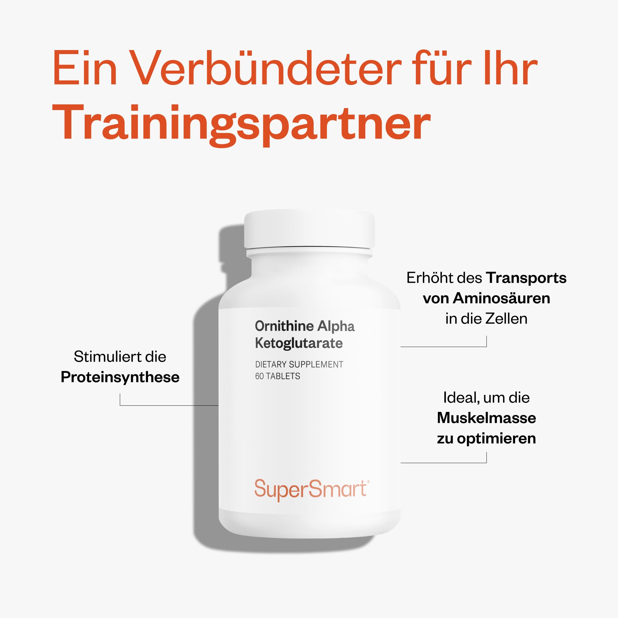 Ornithin Alpha Ketoglutarat (OKG) - Erhöht die Produktion von Wachstumshormonen - Trägt zur Proteinsynthese und zum Aufbau von Muskelmasse bei - Vegan - SuperSmart