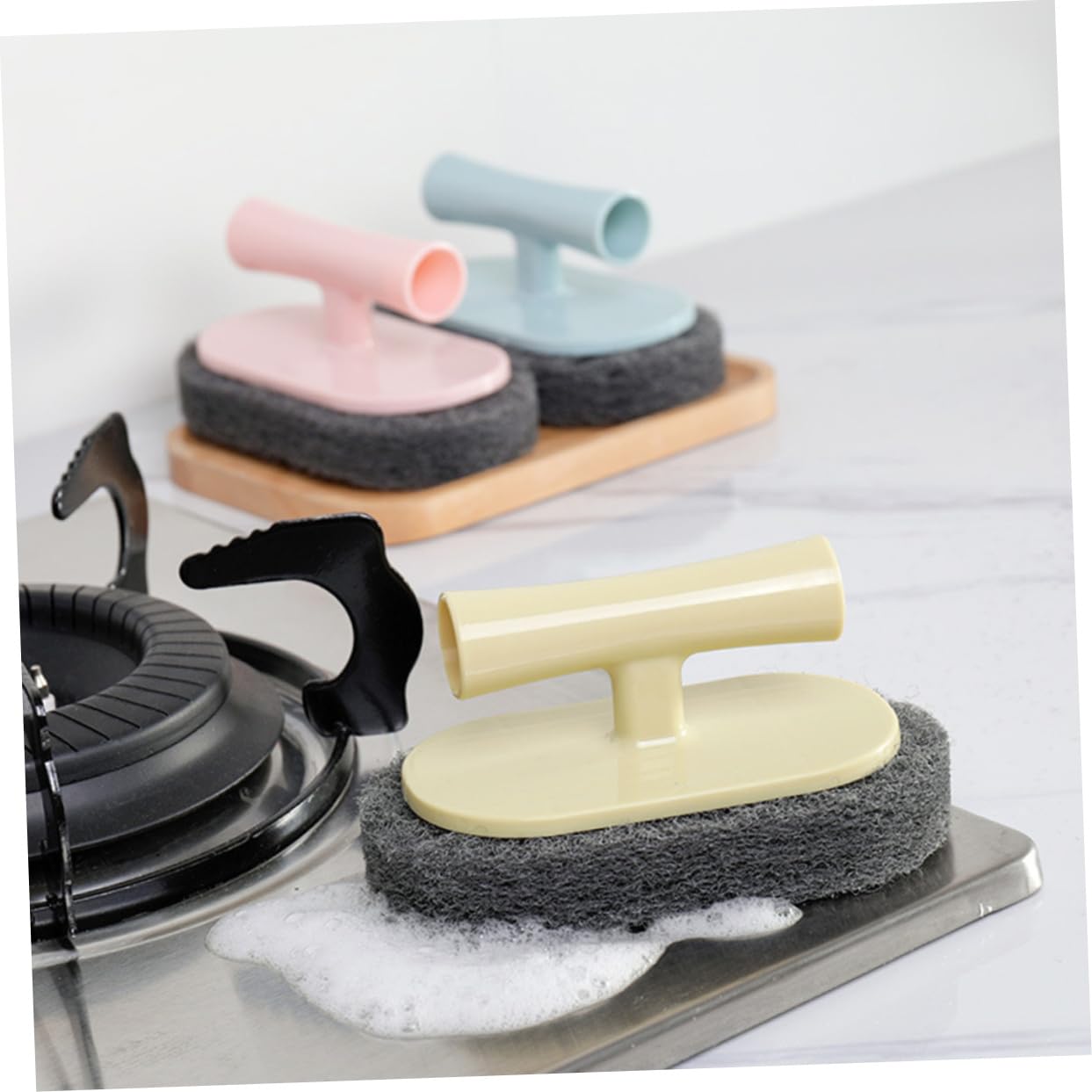 OHPHCALL Sponge Brush Set 3 Pcs Strong Decontamination Cleaning Brush Bathtub Scrubber Kitchen Bathroom Random Color