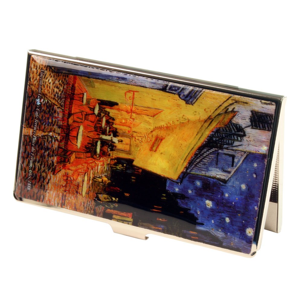 Mother of Pearl Cafe Terrace at Night by Van Gogh Painting RFID Blocking Protection Business Credit Name Card Holder Case Metal Stainless Steel